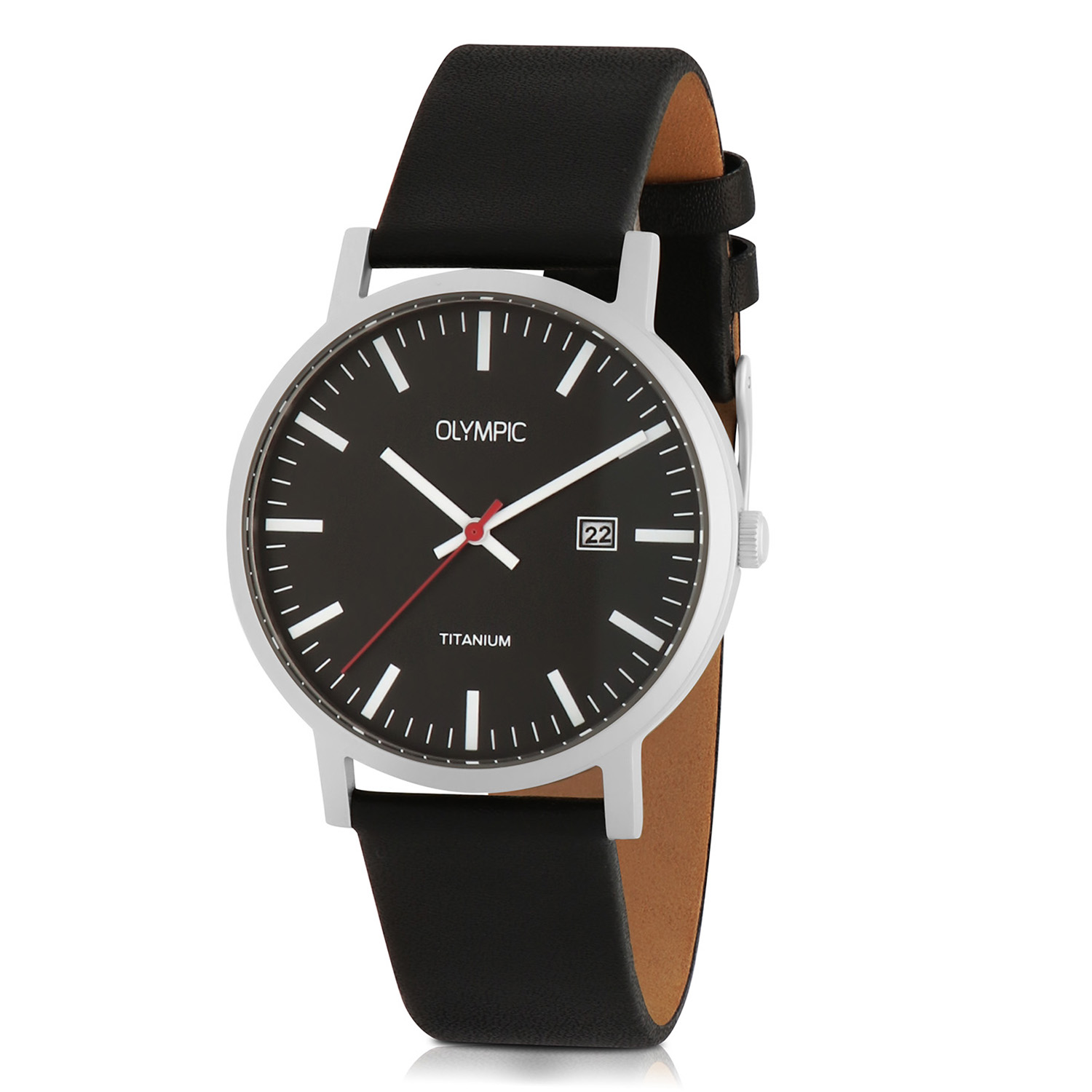 Horloge van het merk Olympic met een 40mm formaat Titanium kast en een zwart leren band met titanium gesp. 5 Atm waterbestendig.