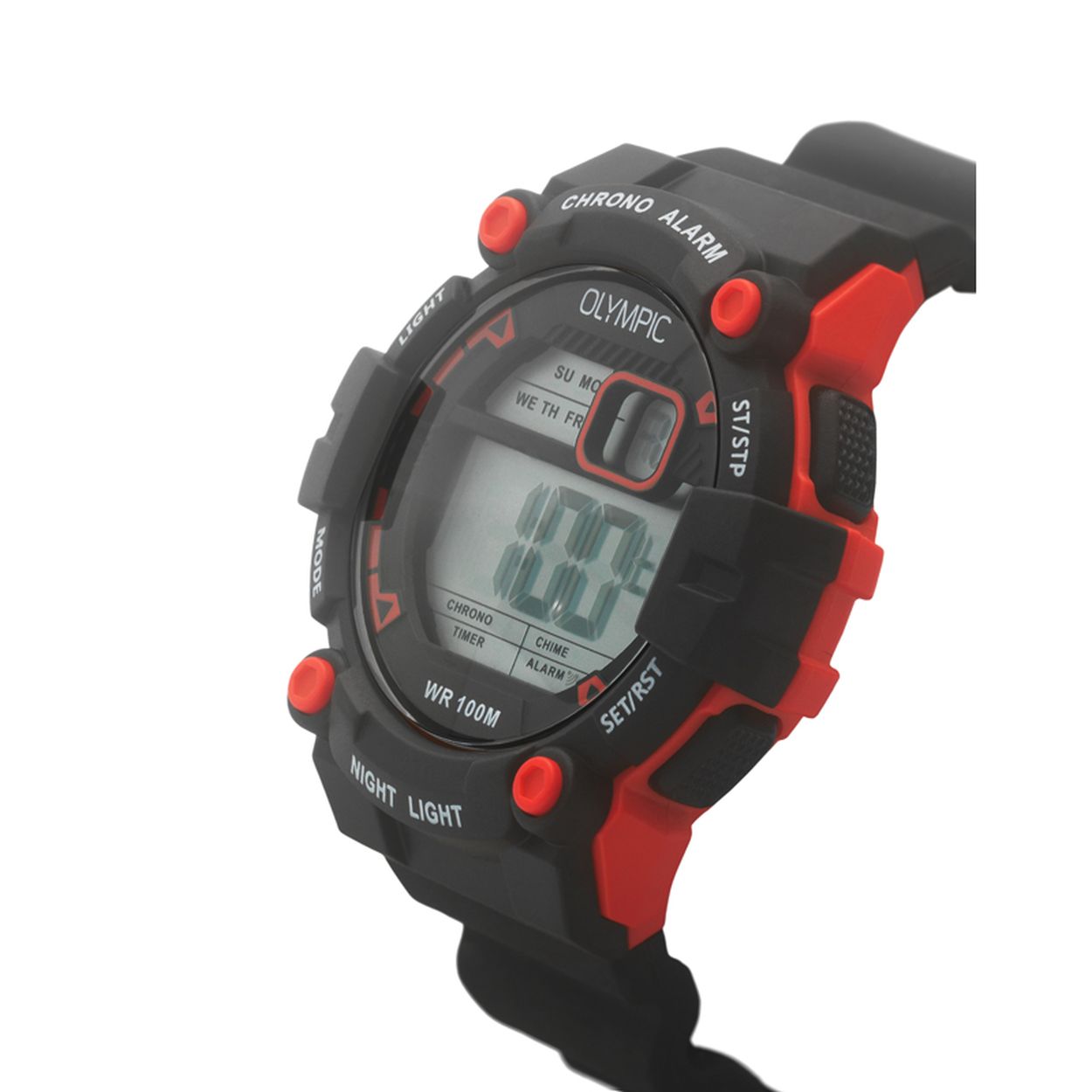Olympic OL45HKR006 Heren Horloge

- Behuizing gemaakt van kunststof, in de kleur rood
- Horlogeband gemaakt van rubber, in de kleur blauw, met gesp
- Quartz uurwerk, werkt op batterijen
- Dag, Datum weergave
- Voorzien van mineraalglas, krasbestendig
- 10 ATM waterdicht, geschikt om mee te zwemmen.
- Breedte van de behuizing is 44 mm