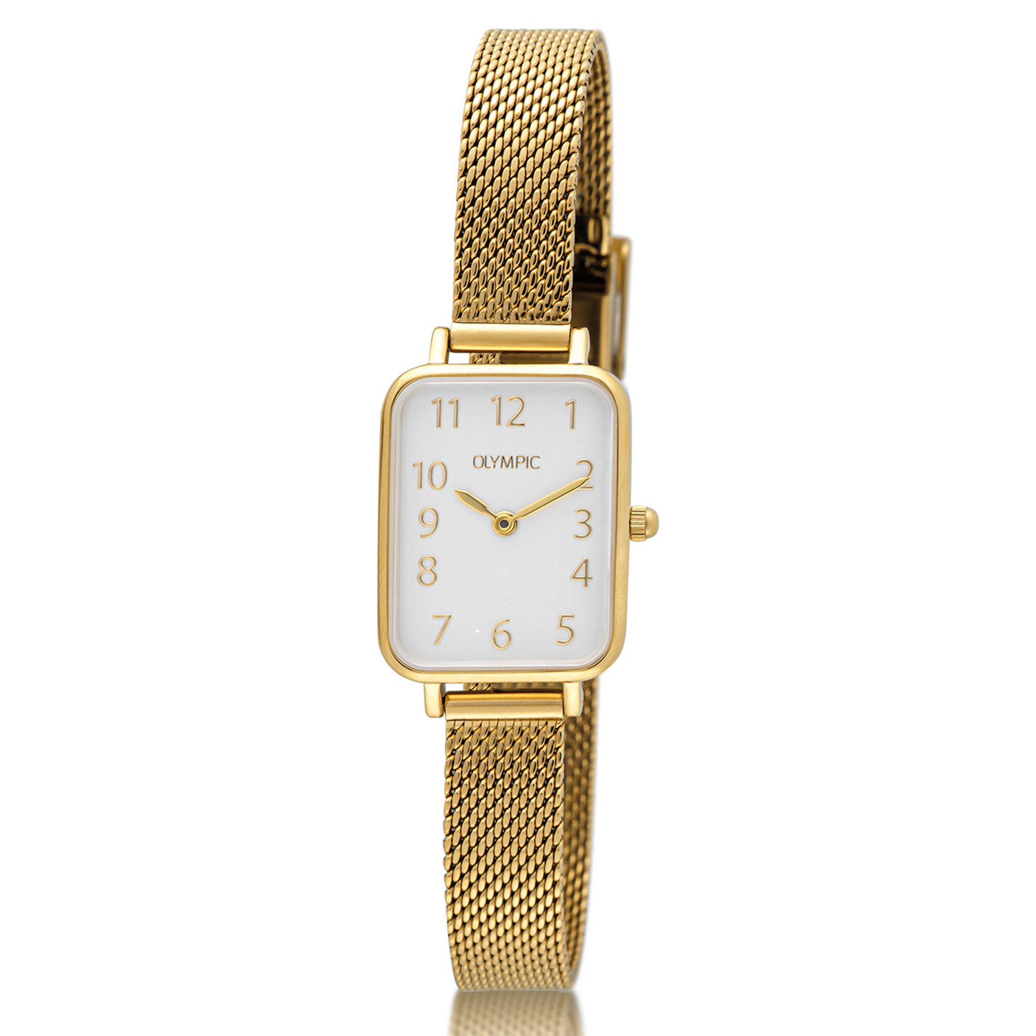 Olympic OL66DDD009 TILLY Horloge - Double - Double - Arabisch - 20x26mm 
Dit unieke Olympic horloge met artikelnummer: OL66DD009 is een stijlvol dameshorloge. De goudkleurige rechthoekige stalen kast heeft een gladde bezel en een zilverwitte wijzerplaat. De uursaanduiding is verfijnd door de strakke wijzers en de arabische cijfers. Dit geeft het horloge een chique uiterlijk. Aan de stalen kast zit een fijne goudkleurige milanese band met een druksluiting. Het horloge heeft een mineraalglas, een afmeting van 20x26mm en is 3ATM.

Waterdichtheid 10ATM
Dit horloge is bestand tegen water bij het zwemmen en douchen. Dit horloge is niet bestand tegen (grote) waterdruk dus je kunt er niet mee duiken.
Waterdichtheid  5ATM
Dit horloge is regen en spatwaterdicht. Niet geschikt om mee te zwemmen en douchen.
Waterdichtheid 3ATM
Dit horloge is spatwaterdicht. Niet geschikt om mee te zwemmen en douchen.

Het merk:
Een mooi horloge hoeft niet duur te zijn! Het Nederlandse horlogemerk Olympic levert stoere chronografen, slimline series, digitale uurwerken en elegante dameshorloges. De prijs-kwaliteitverhouding staat bij Olympic hoog in het vaandel met prijzen die uiteenlopen van € 34,95 tot en met € 159,00.

100% Nederlands ontwerp, waterdicht en standaard 3 jaar fabrieksgarantie.

Specificaties:
- Rechthoekige kast 20x26mm
- Stalen horlogekast
- Zilverwitte wijzerplaat
- Goudkleurige milanese band
- 3ATM 
- Standaard 3 jaar fabrieksgarantie
- Mineraalglas