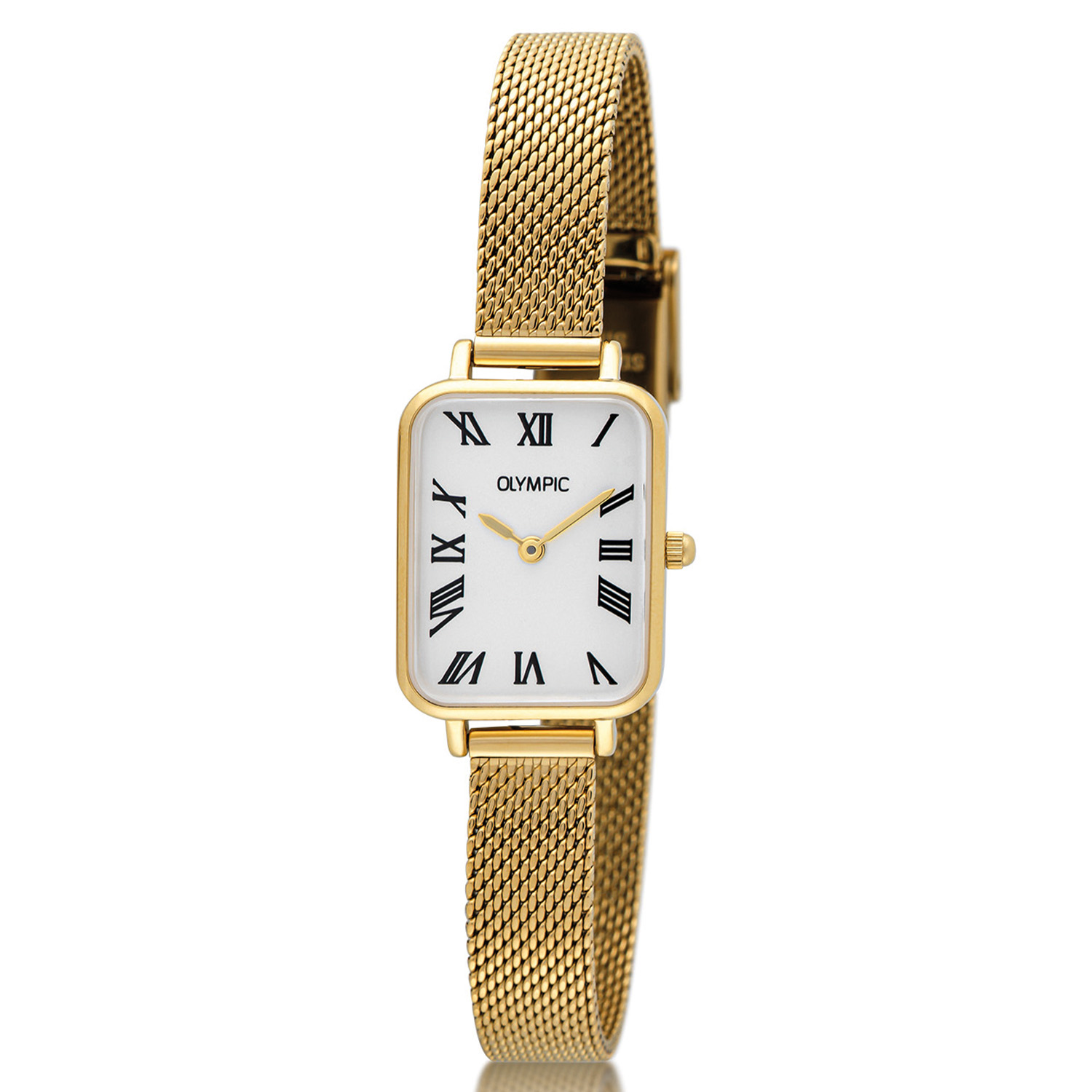 Dit unieke Olympic horloge met artikelnummer: OL66DD010 is een stijlvol dameshorloge. De goudkleurige rechthoekige stalen kast heeft een gladde bezel en een zilverwitte wijzerplaat. De uursaanduiding is verfijnd door de strakke wijzers en de romeinse cijfers. Dit geeft het horloge een chique uiterlijk. Aan de stalen kast zit een fijne goudkleurige milanese band met een druksluiting. Het horloge heeft een mineraalglas, een afmeting van 20x26mm en is 3ATM.