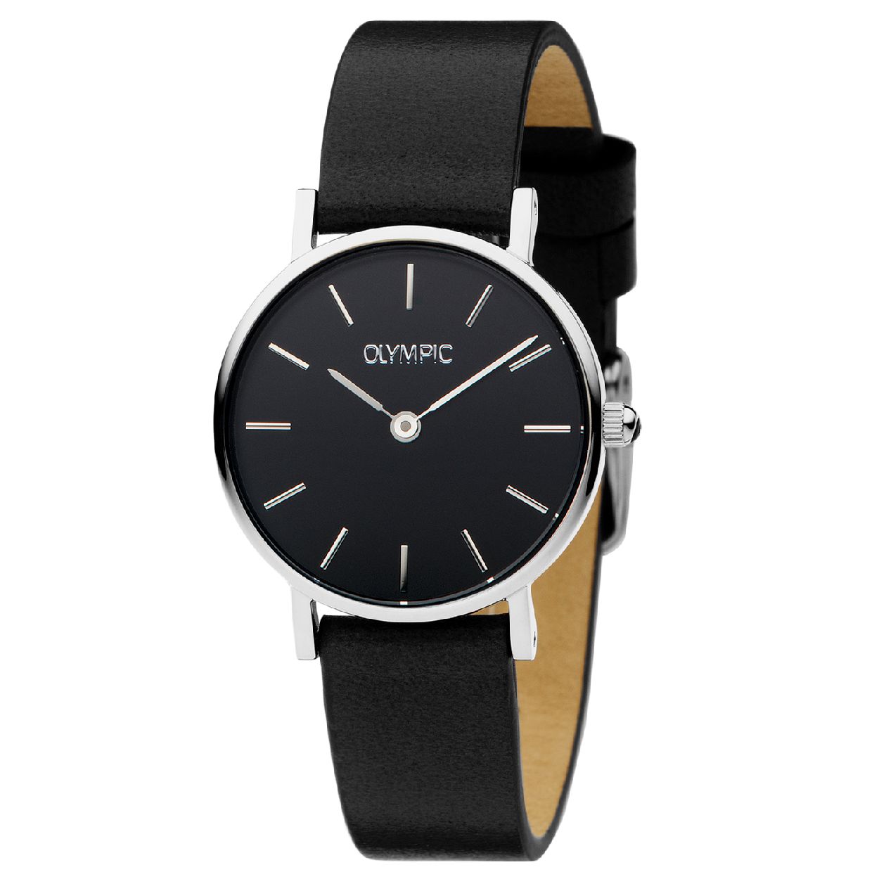 Olympic OL66DSL008 Rimini Dames Horloge

- Behuizing gemaakt van roestvrijstaal, in de kleur zilver
- Horlogeband gemaakt van leer, in de kleur zwart, met gesp
- Quartz uurwerk, werkt op batterijen
- Voorzien van mineraalglas, krasbestendig
- 3 ATM waterdicht, bestand tegen spatwater zoals handen wassen.
- Breedte van de behuizing is 25 mm
- Dikte van de behuizing is 7 mm

Wordt geleverd in originele Olympic horlogedoos en 3 jaar offiële garantie.