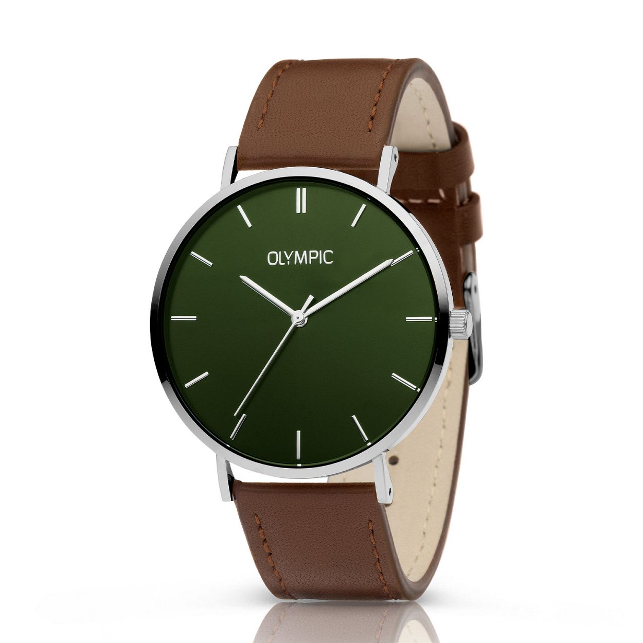 Olympic OL66HSL017 SAM Horloge - Staal - Leer - Bruin - 42mm 
Dit unieke Olympic horloge met artikelnummer: OL66HSL017 is een stijlvol klassiek herenhorloge. De stalen kast heeft een gladde bezel en een groene wijzerplaat. De uursaanduiding is verfijnd door de strakke wijzers en de dunne streepjes op de uren. Dit geeft het horloge een chique uiterlijk. Aan de stalen kast zit een gladde bruine lerenband met een gespsluiting. Het horloge heeft een mineraalglas, een doorsnee van 42mm en is 5ATM.

Waterdichtheid 10ATM
Dit horloge is bestand tegen water bij het zwemmen en douchen. Dit horloge is niet bestand tegen (grote) waterdruk dus je kunt er niet mee duiken.
Waterdichtheid  5ATM
Dit horloge is regen en spatwaterdicht. Niet geschikt om mee te zwemmen en douchen.
Waterdichtheid 3ATM
Dit horloge is spatwaterdicht. Niet geschikt om mee te zwemmen en douchen.

Het merk:
Een mooi horloge hoeft niet duur te zijn! Het Nederlandse horlogemerk Olympic levert stoere chronografen, slimline series, digitale uurwerken en elegante dameshorloges. De prijs-kwaliteitverhouding staat bij Olympic hoog in het vaandel met prijzen die uiteenlopen van € 34,95 tot en met € 159,00.

100% Nederlands ontwerp, waterdicht en standaard 3 jaar fabrieksgarantie.

Specificaties:
- Ronde kast Ø 42mm
- Stalen horlogekast
- Groene wijzerplaat
- Bruin lerenband
- 5ATM 
- Standaard 3 jaar fabrieksgarantie
- Mineraalglas