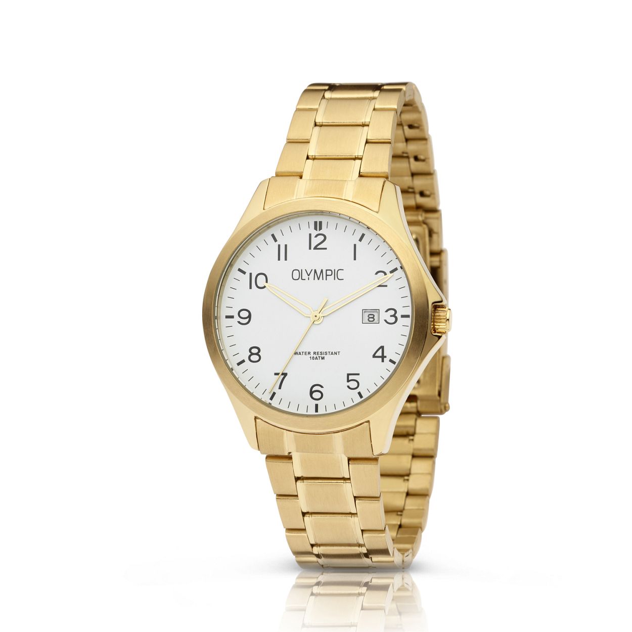 Olympic OL72HDD008 ROBIN - Horloge - Staal - Goudkleurig - 40mm
Dit unieke Olympic horloge met artikelnummer: OL72HDD008 is een opvallend herenhorloge. De goudkleurige stalen kast heeft een witte wijzerplaat met opvallende Arabische cijfers en een datumaanduiding. Aan het horloge zit een goudkleurige stalen schakelband met een vouwsluiting. Het horloge heeft een mineraalglas, een afmeting van 40mm en is 10 ATM.

Waterdichtheid 10 ATM
Dit horloge is bestand tegen water bij het zwemmen en douchen. Dit horloge is niet bestand tegen (grote) waterdruk dus je kunt er niet mee duiken.

Het merk:
Een mooi horloge hoeft niet duur te zijn! Het Nederlandse horlogemerk Olympic levert stoere chronografen, slimline series, digitale uurwerken en elegante dameshorloges. De prijs-kwaliteitverhouding staat bij Olympic hoog in het vaandel met prijzen die uiteenlopen van € 34,95 tot en met € 139,00.

100% Nederlands ontwerp, waterdicht en standaard 3 jaar fabrieksgarantie.

Specificaties:
- Goudkleurige horlogekast
- Witte wijzerplaat
- Goudkleurige schakelband
- 10 ATM (Regen- & spatwaterdicht)
- Standaard 3 jaar fabrieksgarantie
- Mineraalglas