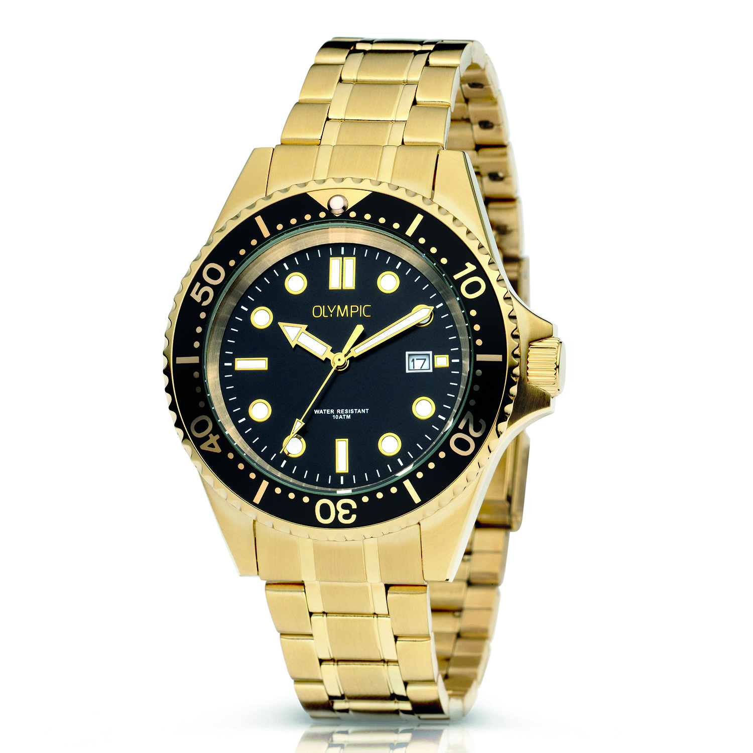 Olympic OL72HDD010 KAI Horloge - Double -Bracelet - Zwart - 42mm 
Dit unieke Olympic horloge met artikelnummer: OL72HDD010 is een herenhorloge met een sportieve uitstraling. De goudkleurige stalen kast heeft een zwarte bezel met de minuut aanduiding en een zwarte wijzerplaat met een datum. De uursaanduiding is opvallend door de lumibrite strepen, stippen en wijzers. De goudkleurige accenten geven het horloge een chique uiterlijk. Aan de goudkleurige stalen kast zit een goudkleurige stalen schakelband met een vouwsluiting. Het horloge heeft een mineraalglas, een doorsnee van 42mm en is 10ATM.

Waterdichtheid 10ATM
Dit horloge is bestand tegen water bij het zwemmen en douchen. Dit horloge is niet bestand tegen (grote) waterdruk dus je kunt er niet mee duiken.

Het merk:
Een mooi horloge hoeft niet duur te zijn! Het Nederlandse horlogemerk Olympic levert stoere chronografen, slimline series, digitale uurwerken en elegante dameshorloges. De prijs-kwaliteitverhouding staat bij Olympic hoog in het vaandel met prijzen die uiteenlopen van € 34,95 tot en met € 159,00.

100% Nederlands ontwerp, waterdicht en standaard 3 jaar fabrieksgarantie.

Specificaties:
- Ronde kast Ø 42mm
- Goudkleurige stalen horlogekast
- Zwarte wijzerplaat
- Goudkleurige stalen schakelband
- 10ATM 
- Standaard 3 jaar fabrieksgarantie
- Mineraalglas