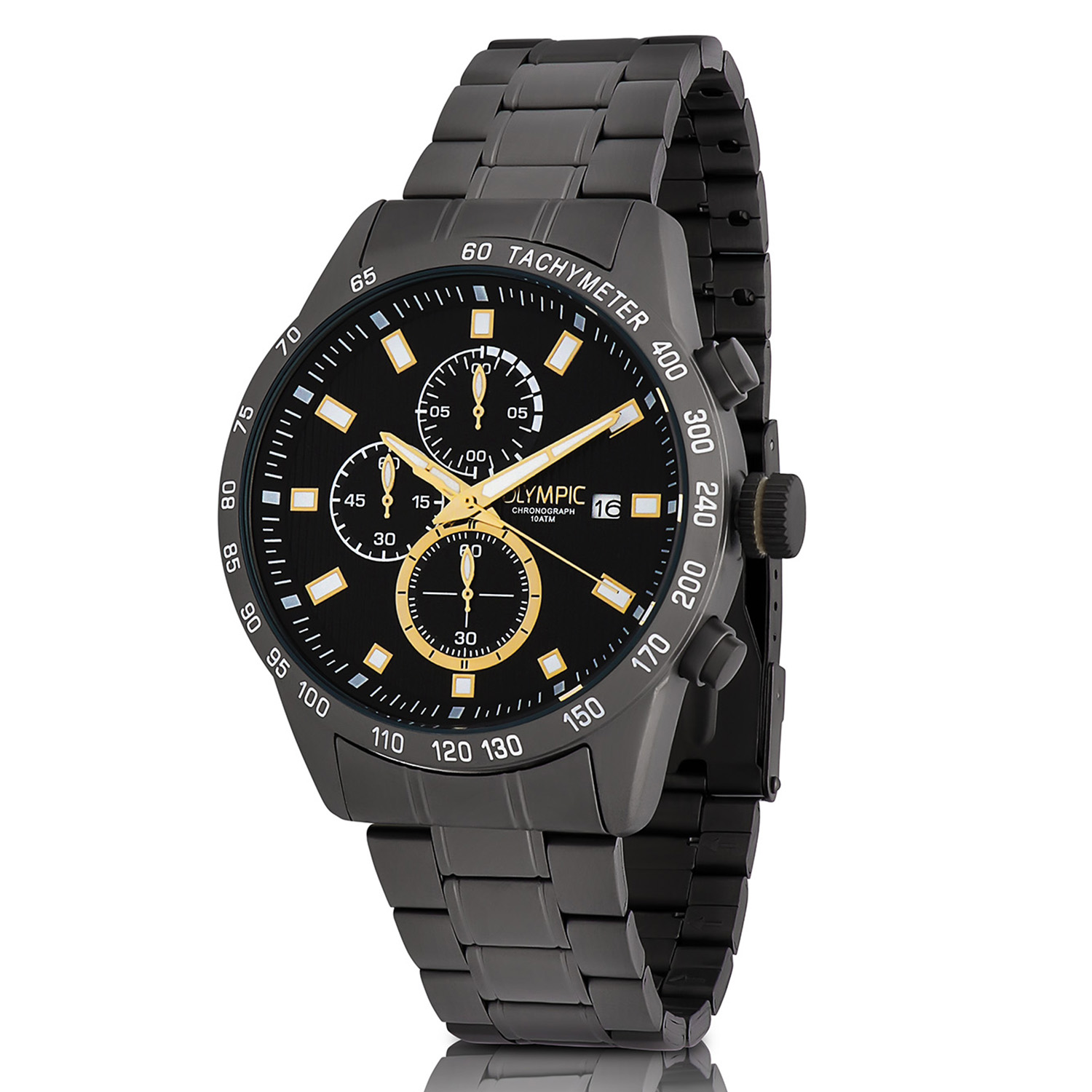 Olympic OL72HGG001 MAX Horloge - Gunmetal -Bracelet - Zwart - 44mm 
Dit unieke Olympic horloge met artikelnummer: OL72HGG001 is een herenhorloge met chronograaf en heeft een sportieve uitstraling. De stalen grijze kast heeft een grijze bezel met een tachymeter en een zwarte wijzerplaat met een datum en chronograaf. De uursaanduiding is opvallend door de lumibrite strepen en wijzers. De goudkleurige accenten geven het horloge een chique uiterlijk. Aan de stalen kast zit een grijze stalen schakelband met een vouwsluiting. Het horloge heeft een mineraalglas, een doorsnee van 44mm en is 10ATM.

Waterdichtheid 10ATM
Dit horloge is bestand tegen water bij het zwemmen en douchen. Dit horloge is niet bestand tegen (grote) waterdruk dus je kunt er niet mee duiken.

Het merk:
Een mooi horloge hoeft niet duur te zijn! Het Nederlandse horlogemerk Olympic levert stoere chronografen, slimline series, digitale uurwerken en elegante dameshorloges. De prijs-kwaliteitverhouding staat bij Olympic hoog in het vaandel met prijzen die uiteenlopen van € 34,95 tot en met € 159,00.

100% Nederlands ontwerp, waterdicht en standaard 3 jaar fabrieksgarantie.

Specificaties:
- Ronde kast Ø 44mm
- Gunmetal stalen horlogekast
- Zwarte wijzerplaat
- Gunmetal stalen schakelband
- 10ATM 
- Standaard 3 jaar fabrieksgarantie
- Mineraalglas