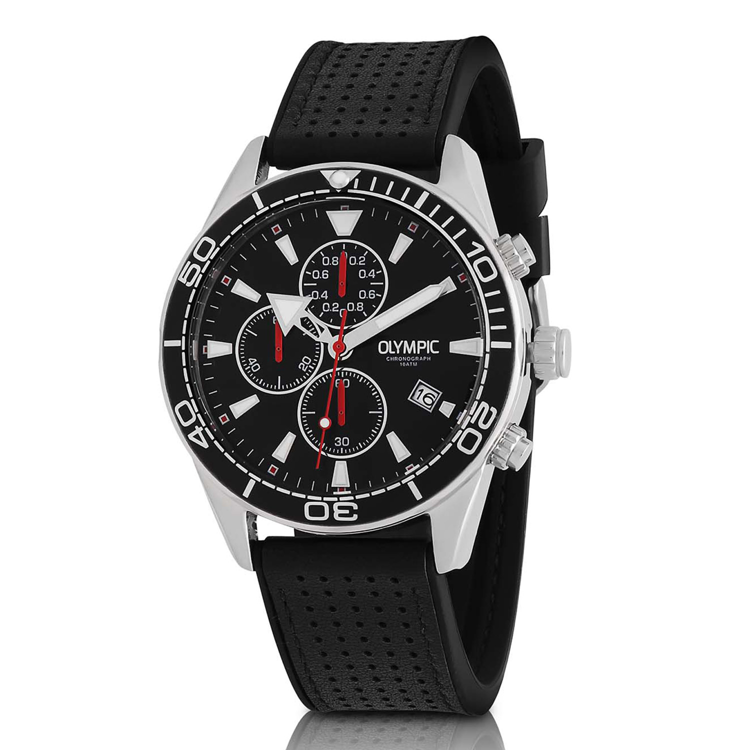 Olympic OL72HSL074 ADAM Horloge - Staal - Leer - Zwart - 44mm 
Dit unieke Olympic horloge met artikelnummer: OL72HSL074 is een herenhorloge met chronograaf en heeft een sportieve uitstraling. De stalen kast heeft een zwarte bewerkte bezel en een zwarte wijzerplaat met een datum en chronograaf. De uursaanduiding is opvallend door de lumibrite strepen en wijzers. De rode accenten geven het horloge een sportief uiterlijk. Aan de stalen kast zit een zwarte leren band met gespsluting. Het horloge heeft een mineraalglas, een doorsnee van 44mm en is 10ATM.

Waterdichtheid 10ATM
Dit horloge is bestand tegen water bij het zwemmen en douchen. Dit horloge is niet bestand tegen (grote) waterdruk dus je kunt er niet mee duiken.

Het merk:
Een mooi horloge hoeft niet duur te zijn! Het Nederlandse horlogemerk Olympic levert stoere chronografen, slimline series, digitale uurwerken en elegante dameshorloges. De prijs-kwaliteitverhouding staat bij Olympic hoog in het vaandel met prijzen die uiteenlopen van € 34,95 tot en met € 159,00.

100% Nederlands ontwerp, waterdicht en standaard 3 jaar fabrieksgarantie.

Specificaties:
- Ronde kast Ø 44mm
- Zilverkleurige stalen horlogekast
- Zwarte wijzerplaat
- Zwarte leren horlogeband
- 10ATM (Regen- & spatwaterdicht)
- Standaard 3 jaar fabrieksgarantie
- Mineraalglas