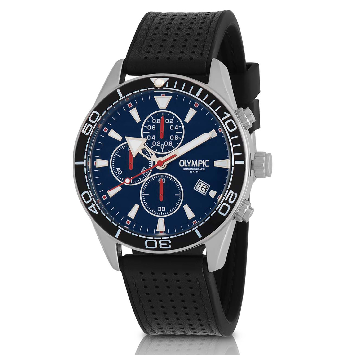 Olympic OL72HSL075 ADAM Horloge - Staal - Leer - Blauw - 44mm 
Dit unieke Olympic horloge met artikelnummer: OL72HSL075 is een herenhorloge met chronograaf en heeft een sportieve uitstraling. De stalen kast heeft een zwarte bewerkte bezel en een blauwe wijzerplaat met een datum en chronograaf. De uursaanduiding is opvallend door de lumibrite strepen en wijzers. De rode accenten geven het horloge een sportief uiterlijk. Aan de stalen kast zit een zwarte leren band met gespsluting. Het horloge heeft een mineraalglas, een doorsnee van 44mm en is 10ATM.

Waterdichtheid 10ATM
Dit horloge is bestand tegen water bij het zwemmen en douchen. Dit horloge is niet bestand tegen (grote) waterdruk dus je kunt er niet mee duiken.

Het merk:
Een mooi horloge hoeft niet duur te zijn! Het Nederlandse horlogemerk Olympic levert stoere chronografen, slimline series, digitale uurwerken en elegante dameshorloges. De prijs-kwaliteitverhouding staat bij Olympic hoog in het vaandel met prijzen die uiteenlopen van € 34,95 tot en met € 159,00.

100% Nederlands ontwerp, waterdicht en standaard 3 jaar fabrieksgarantie.

Specificaties:
- Ronde kast Ø 44mm
- Zilverkleurige stalen horlogekast
- Blauwe wijzerplaat
- Zwarte leren horlogeband
- 10ATM 
- Standaard 3 jaar fabrieksgarantie
- Mineraalglas