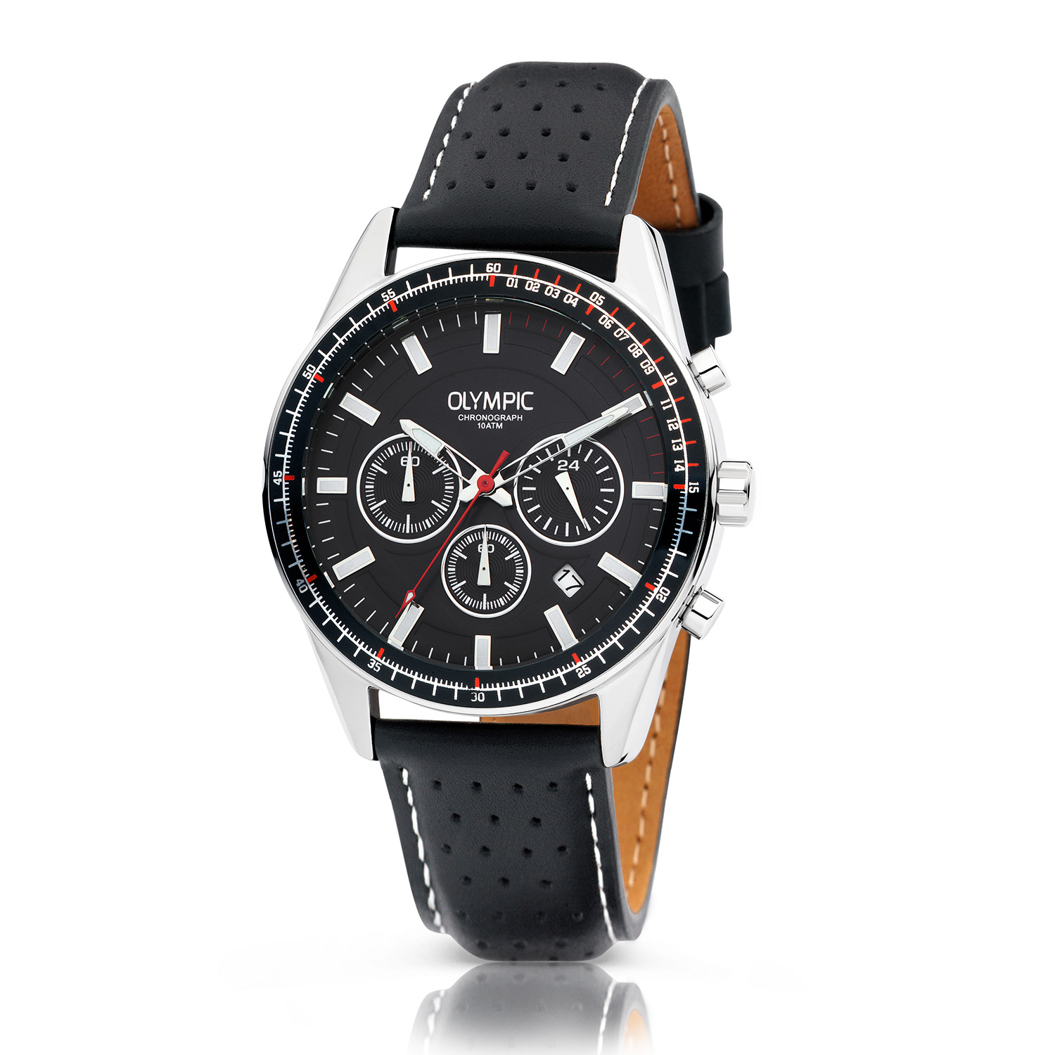 Olympic OL72HSL076 MASON Horloge - Staal - Leer - Zwart - 44mm 
Dit unieke Olympic horloge met artikelnummer: OL72HSL076 is een herenhorloge met chronograaf en heeft een sportieve uitstraling. De stalen kast heeft een zwarte bewerkte bezel en een zwarte wijzerplaat met een datum en chronograaf. De uursaanduiding is opvallend door de lumibrite strepen en wijzers. De rode accenten geven het horloge een sportief uiterlijk. Aan de stalen kast zit een zwarte lerenband met een gespsluiting. Het horloge heeft een mineraalglas, een doorsnee van 44mm en is 10ATM.

Waterdichtheid 10ATM
Dit horloge is bestand tegen water bij het zwemmen en douchen. Dit horloge is niet bestand tegen (grote) waterdruk dus je kunt er niet mee duiken.

Het merk:
Een mooi horloge hoeft niet duur te zijn! Het Nederlandse horlogemerk Olympic levert stoere chronografen, slimline series, digitale uurwerken en elegante dameshorloges. De prijs-kwaliteitverhouding staat bij Olympic hoog in het vaandel met prijzen die uiteenlopen van € 34,95 tot en met € 159,00.

100% Nederlands ontwerp, waterdicht en standaard 3 jaar fabrieksgarantie.

Specificaties:
- Ronde kast Ø 44mm
- Zilverkleurige stalen horlogekast
- Zwarte wijzerplaat
- Zwarte lerenband
- 10ATM 
- Standaard 3 jaar fabrieksgarantie
- Mineraalglas