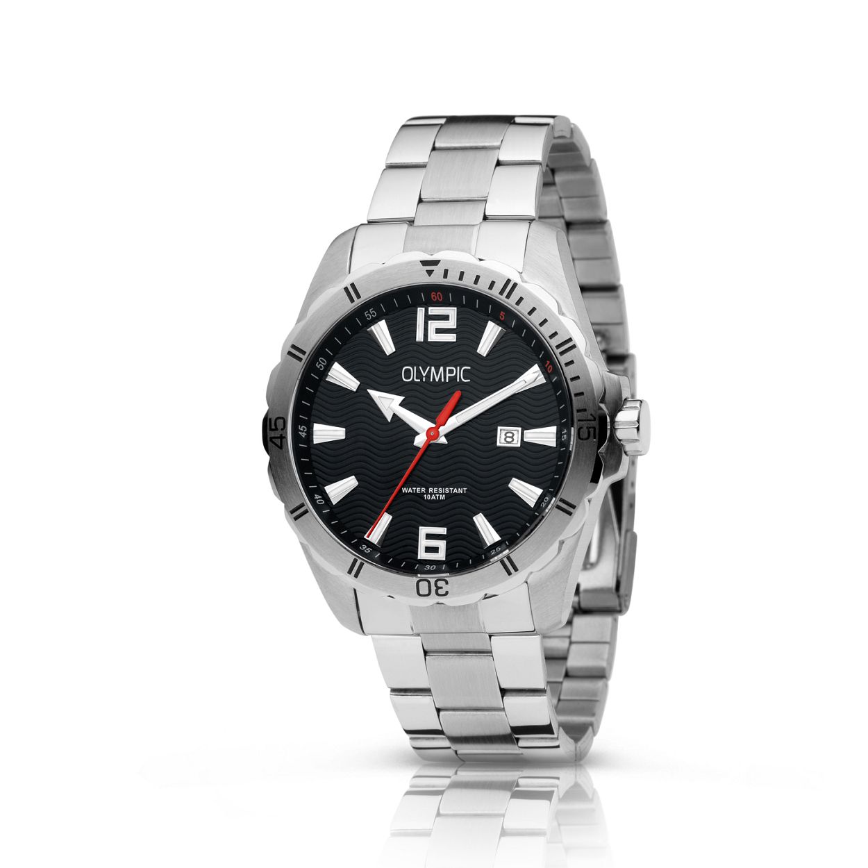 Olympic OL72HSS250 PIETER - Horloge - Staal - Zwart
Dit unieke Olympic horloge met artikelnummer OL72HSS250 is een sportief herenhorloge. De zilverkleurige stalen kast heeft een tachymeter op de bezel en een zwarte bewerkte wijzerplaat met datum. De uurs-aanduiding is opvallend door de lumibrite strepen cijfers en wijzers. Aan het horloge zit een zilverkleurige schakelband met vouwsluiting. Het horloge heeft een mineraalglas een afmeting van 43mm en is 10 ATM.

Waterdichtheid 10 ATM
Dit horloge is bestand tegen water bij het zwemmen en douchen. Dit horloge is niet bestand tegen (grote) waterdruk dus je kunt er niet mee duiken.

Het merk
Een mooi horloge hoeft niet duur te zijn! Het Nederlandse horlogemerk Olympic levert stoere chronografen slimline series digitale uurwerken en elegante dameshorloges. De prijs-kwaliteitverhouding staat bij Olympic hoog in het vaandel met prijzen die uiteenlopen van � 3495 tot en met � 13900.

100% Nederlands ontwerp waterdicht en standaard 3 jaar fabrieksgarantie.

Specificaties
- Zilverkleurige horlogekast
- Zwarte wijzerplaat
- Zilverkleurige schakelband
- 10 ATM (Regen- & spatwaterdicht)
- Standaard 3 jaar fabrieksgarantie
- Mineraalglas                                    