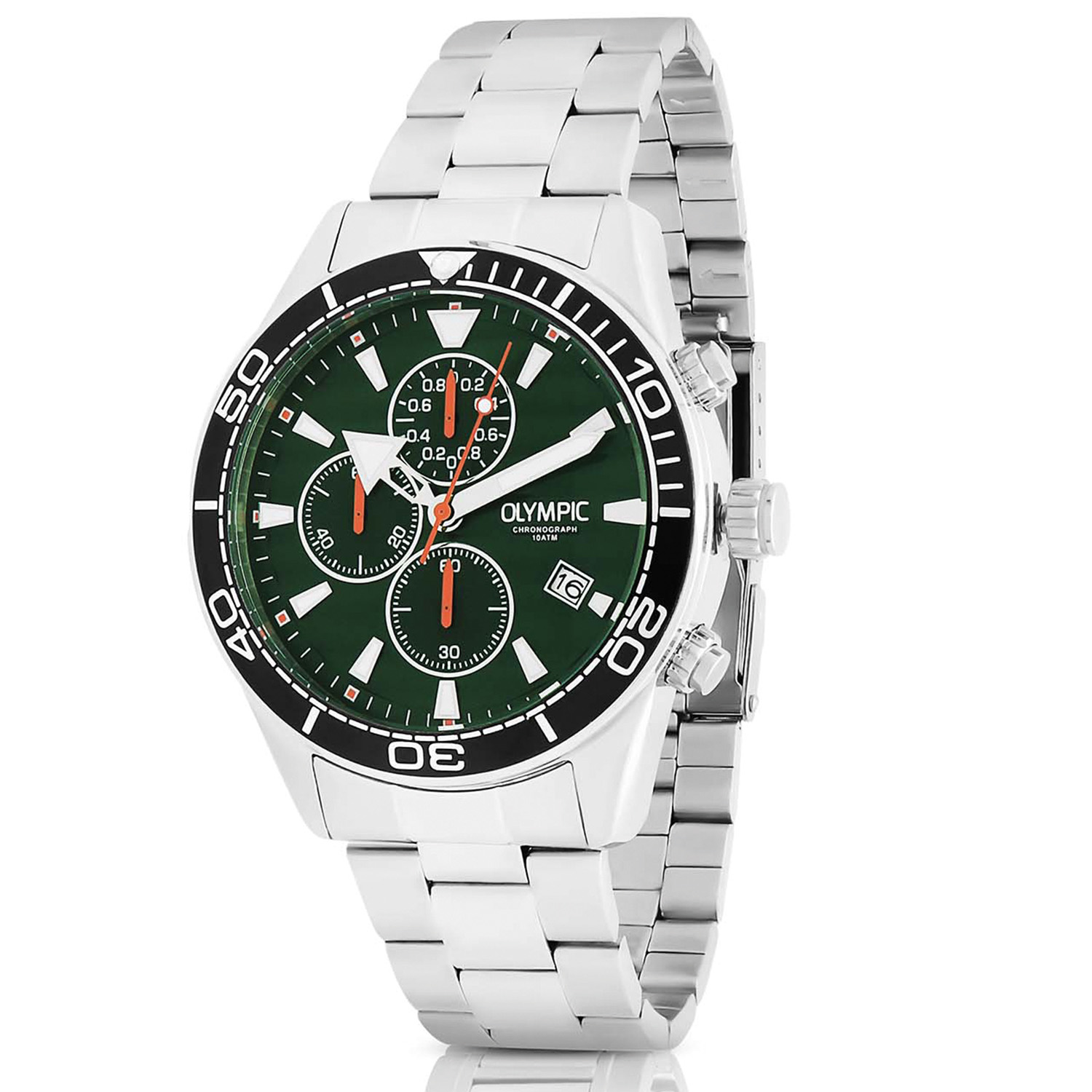 Olympic OL72HSS285 ADAM Horloge - Staal -Staal - Groen - 44mm 
Dit unieke Olympic horloge met artikelnummer: OL72HSS285 is een herenhorloge met chronograaf en heeft een sportieve uitstraling. De stalen kast heeft een zwarte bewerkte bezel en een groene wijzerplaat met een datum en chronograaf. De uursaanduiding is opvallend door de lumibrite strepen en wijzers. De rode accenten geven het horloge een sportief uiterlijk. Aan de stalen kast zit een stalen schakelband met een vouwsluiting. Het horloge heeft een mineraalglas, een doorsnee van 44mm en is 10ATM.

Waterdichtheid 10ATM
Dit horloge is bestand tegen water bij het zwemmen en douchen. Dit horloge is niet bestand tegen (grote) waterdruk dus je kunt er niet mee duiken.

Het merk:
Een mooi horloge hoeft niet duur te zijn! Het Nederlandse horlogemerk Olympic levert stoere chronografen, slimline series, digitale uurwerken en elegante dameshorloges. De prijs-kwaliteitverhouding staat bij Olympic hoog in het vaandel met prijzen die uiteenlopen van € 34,95 tot en met € 159,00.

100% Nederlands ontwerp, waterdicht en standaard 3 jaar fabrieksgarantie.

Specificaties:
- Ronde kast Ø 44mm
- Zilverkleurige stalen horlogekast
- Groene wijzerplaat
- Stalen schakelband
- 10ATM 
- Standaard 3 jaar fabrieksgarantie
- Mineraalglas