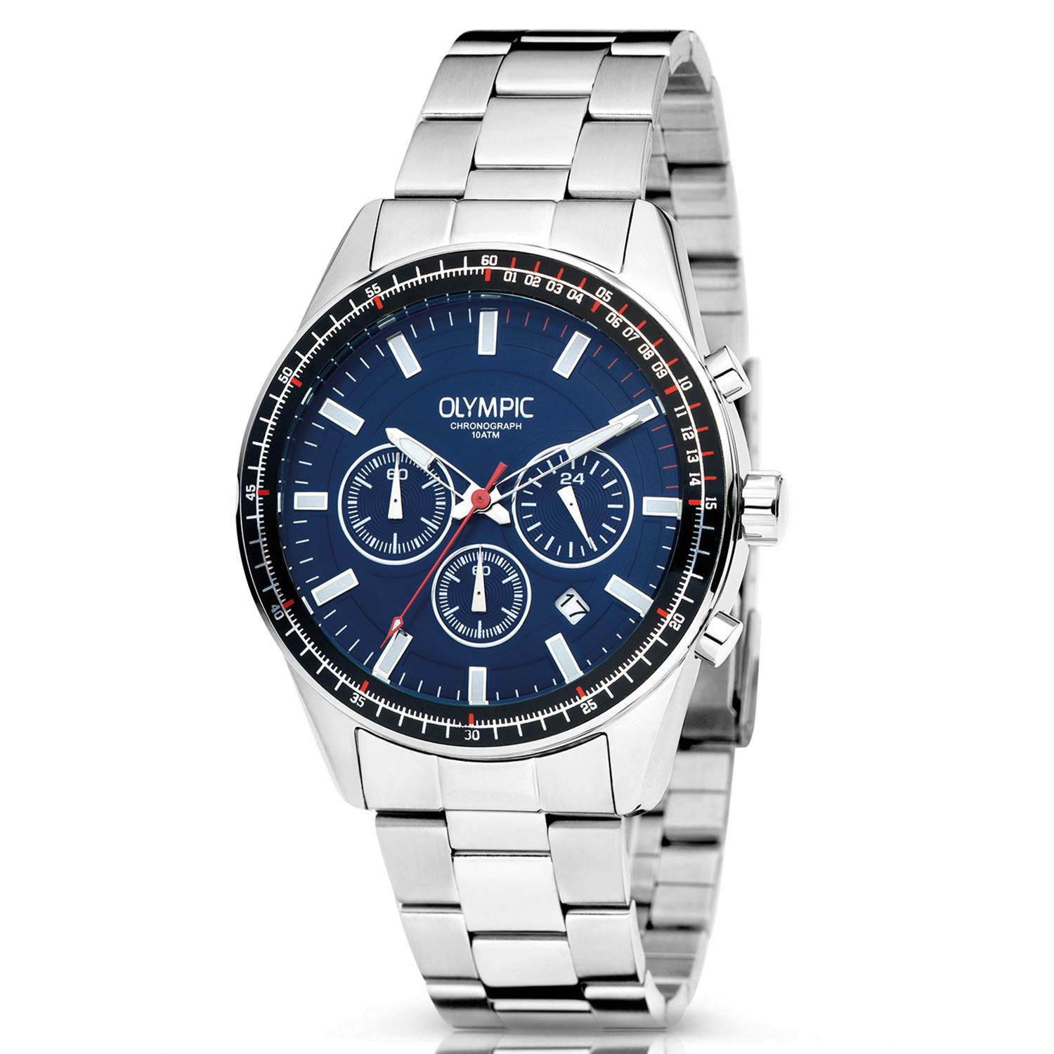 Olympic OL72HSS286 MASON Horloge - Staal -Bracelet - Blauw - 44mm 
Dit unieke Olympic horloge met artikelnummer: OL72HSS286 is een herenhorloge met chronograaf en heeft een sportieve uitstraling. De stalen kast heeft een zwarte bewerkte bezel en een blauwe wijzerplaat met een datum en chronograaf. De uursaanduiding is opvallend door de lumibrite strepen en wijzers. De rode accenten geven het horloge een sportief uiterlijk. Aan de stalen kast zit een stalen schakelband met een vouwsluiting. Het horloge heeft een mineraalglas, een doorsnee van 44mm en is 10ATM.

Waterdichtheid 10ATM
Dit horloge is bestand tegen water bij het zwemmen en douchen. Dit horloge is niet bestand tegen (grote) waterdruk dus je kunt er niet mee duiken.

Het merk:
Een mooi horloge hoeft niet duur te zijn! Het Nederlandse horlogemerk Olympic levert stoere chronografen, slimline series, digitale uurwerken en elegante dameshorloges. De prijs-kwaliteitverhouding staat bij Olympic hoog in het vaandel met prijzen die uiteenlopen van € 34,95 tot en met € 159,00.

100% Nederlands ontwerp, waterdicht en standaard 3 jaar fabrieksgarantie.

Specificaties:
- Ronde kast Ø 44mm
- Zilverkleurige stalen horlogekast
- Blauwe wijzerplaat
- Stalen schakelband
- 10ATM 
- Standaard 3 jaar fabrieksgarantie
- Mineraalglas