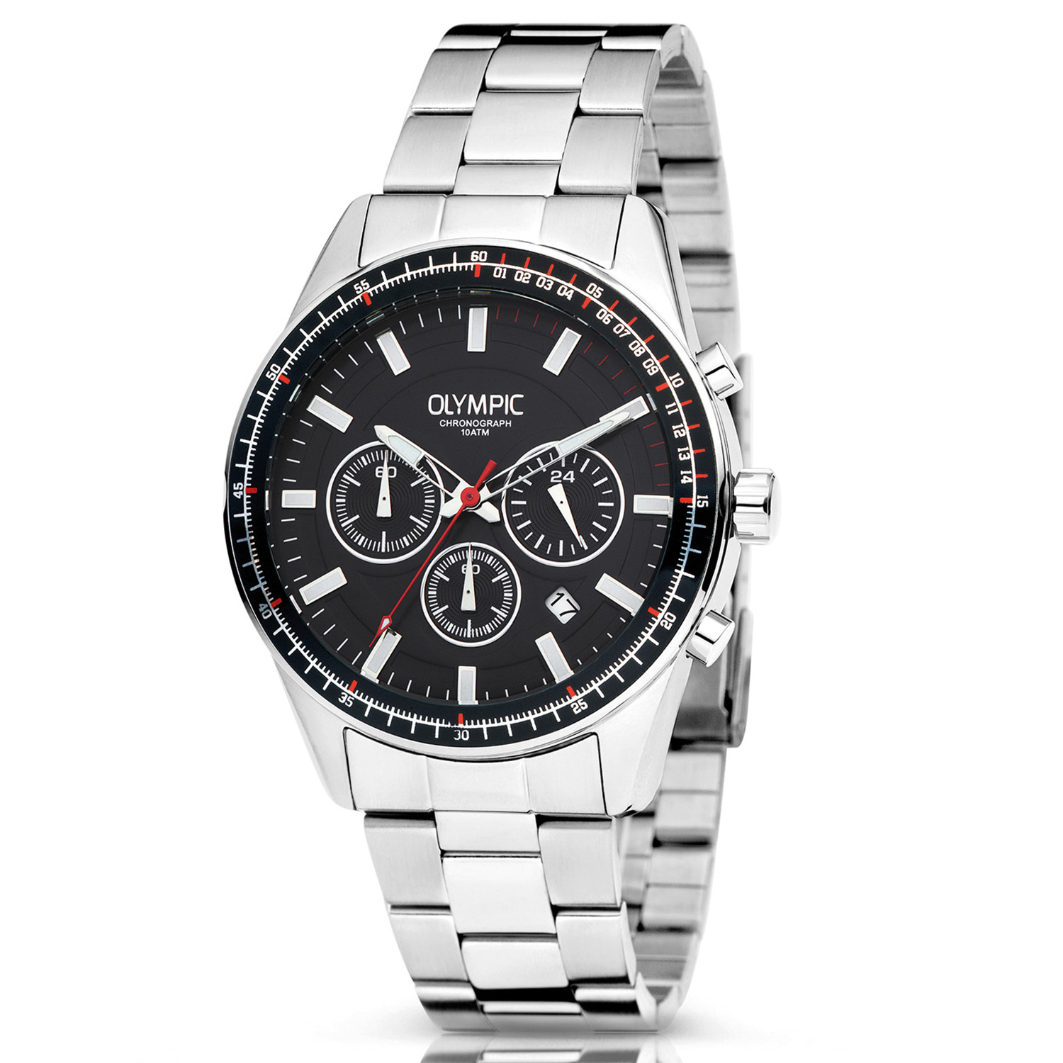Olympic OL72HSS287 MASON Horloge - Staal -Bracelet - Zwart - 44mm 
Dit unieke Olympic horloge met artikelnummer: OL72HSS287 is een herenhorloge met chronograaf en heeft een sportieve uitstraling. De stalen kast heeft een zwarte bewerkte bezel en een zwarte wijzerplaat met een datum en chronograaf. De uursaanduiding is opvallend door de lumibrite strepen en wijzers. De rode accenten geven het horloge een sportief uiterlijk. Aan de stalen kast zit een stalen schakelband met een vouwsluiting. Het horloge heeft een mineraalglas, een doorsnee van 44mm en is 10ATM.

Waterdichtheid 10ATM
Dit horloge is bestand tegen water bij het zwemmen en douchen. Dit horloge is niet bestand tegen (grote) waterdruk dus je kunt er niet mee duiken.

Het merk:
Een mooi horloge hoeft niet duur te zijn! Het Nederlandse horlogemerk Olympic levert stoere chronografen, slimline series, digitale uurwerken en elegante dameshorloges. De prijs-kwaliteitverhouding staat bij Olympic hoog in het vaandel met prijzen die uiteenlopen van € 34,95 tot en met € 159,00.

100% Nederlands ontwerp, waterdicht en standaard 3 jaar fabrieksgarantie.

Specificaties:
- Ronde kast Ø 44mm
- Zilverkleurige stalen horlogekast
- Zwarte wijzerplaat
- Stalen schakelband
- 10ATM 
- Standaard 3 jaar fabrieksgarantie
- Mineraalglas