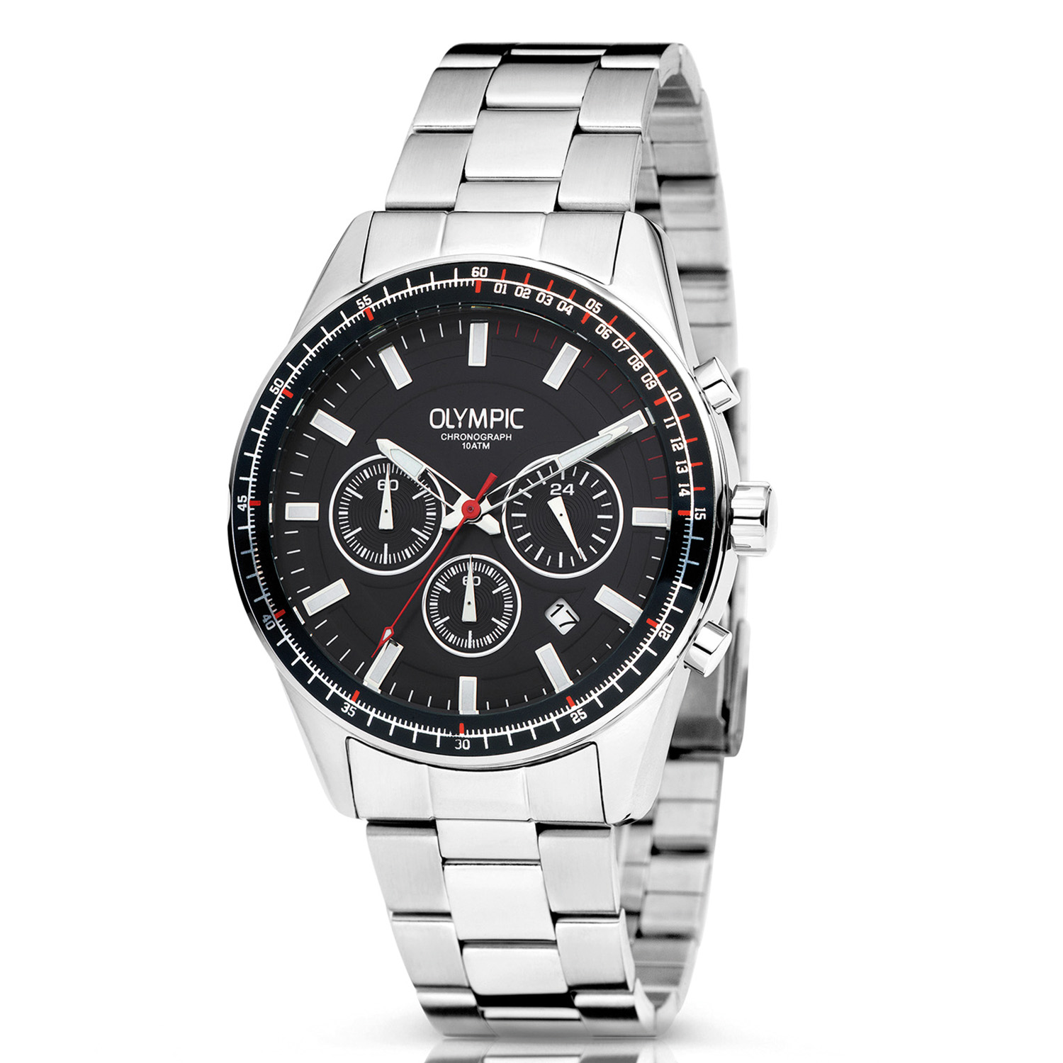 Olympic OL72HSS287 MASON Horloge - Staal -Bracelet - Zwart - 44mm 
Dit unieke Olympic horloge met artikelnummer: OL72HSS287 is een herenhorloge met chronograaf en heeft een sportieve uitstraling. De stalen kast heeft een zwarte bewerkte bezel en een zwarte wijzerplaat met een datum en chronograaf. De uursaanduiding is opvallend door de lumibrite strepen en wijzers. De rode accenten geven het horloge een sportief uiterlijk. Aan de stalen kast zit een stalen schakelband met een vouwsluiting. Het horloge heeft een mineraalglas, een doorsnee van 44mm en is 10ATM.

Waterdichtheid 10ATM
Dit horloge is bestand tegen water bij het zwemmen en douchen. Dit horloge is niet bestand tegen (grote) waterdruk dus je kunt er niet mee duiken.

Het merk:
Een mooi horloge hoeft niet duur te zijn! Het Nederlandse horlogemerk Olympic levert stoere chronografen, slimline series, digitale uurwerken en elegante dameshorloges. De prijs-kwaliteitverhouding staat bij Olympic hoog in het vaandel met prijzen die uiteenlopen van € 34,95 tot en met € 159,00.

100% Nederlands ontwerp, waterdicht en standaard 3 jaar fabrieksgarantie.

Specificaties:
- Ronde kast Ø 44mm
- Zilverkleurige stalen horlogekast
- Zwarte wijzerplaat
- Stalen schakelband
- 10ATM 
- Standaard 3 jaar fabrieksgarantie
- Mineraalglas