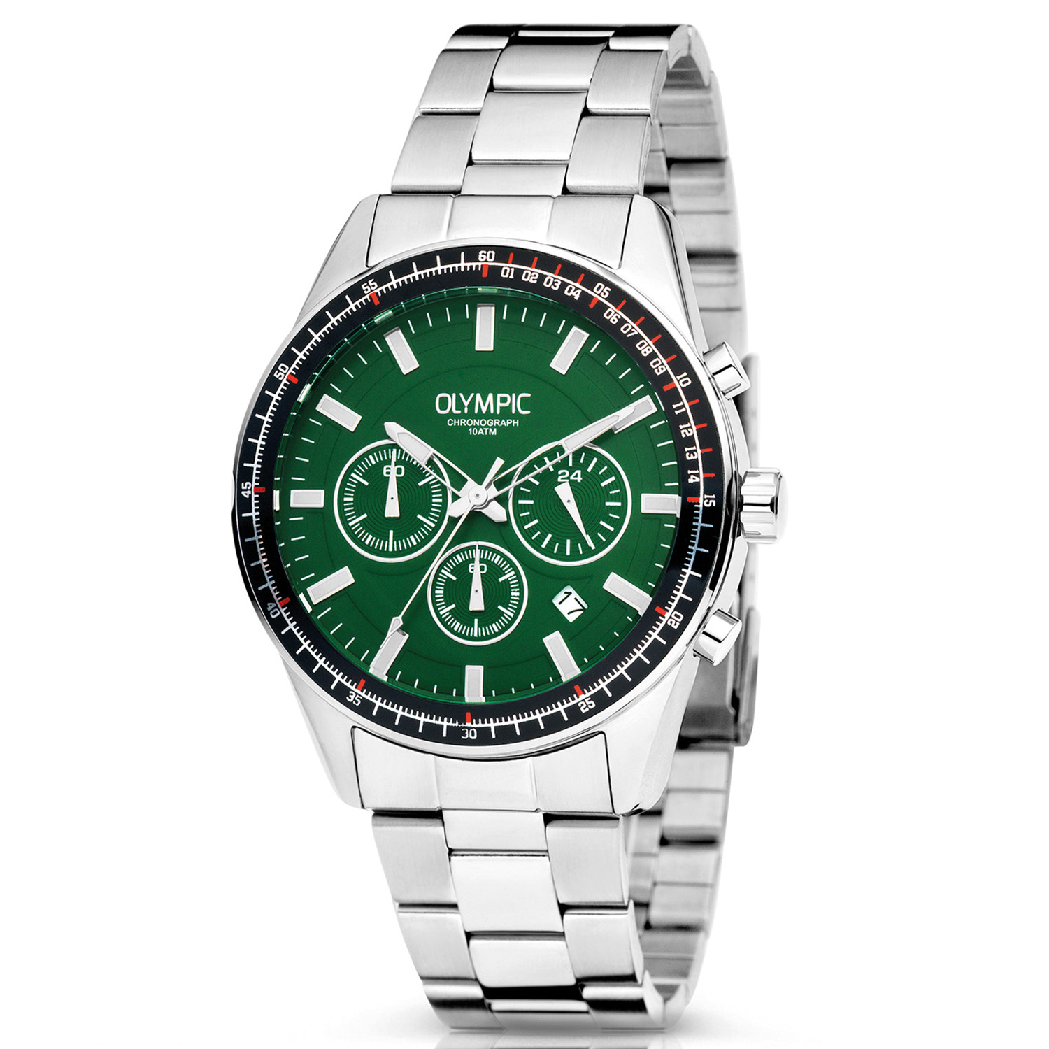 Olympic OL72HSS288 MASON Horloge - Staal -Bracelet - Groen - 44mm 
Dit unieke Olympic horloge met artikelnummer: OL72HSS288 is een herenhorloge met chronograaf en heeft een sportieve uitstraling. De stalen kast heeft een zwarte bewerkte bezel en een groene wijzerplaat met een datum en chronograaf. De uursaanduiding is opvallend door de lumibrite strepen en wijzers. De rode accenten geven het horloge een sportief uiterlijk. Aan de stalen kast zit een stalen schakelband met een vouwsluiting. Het horloge heeft een mineraalglas, een doorsnee van 44mm en is 10ATM.

Waterdichtheid 10ATM
Dit horloge is bestand tegen water bij het zwemmen en douchen. Dit horloge is niet bestand tegen (grote) waterdruk dus je kunt er niet mee duiken.

Het merk:
Een mooi horloge hoeft niet duur te zijn! Het Nederlandse horlogemerk Olympic levert stoere chronografen, slimline series, digitale uurwerken en elegante dameshorloges. De prijs-kwaliteitverhouding staat bij Olympic hoog in het vaandel met prijzen die uiteenlopen van &euro; 34,95 tot en met &euro; 159,00.

100% Nederlands ontwerp, waterdicht en standaard 3 jaar fabrieksgarantie.

Specificaties:
- Ronde kast &Oslash; 44mm
- Zilverkleurige stalen horlogekast
- Groene wijzerplaat
- Stalen schakelband
- 10ATM 
- Standaard 3 jaar fabrieksgarantie
- Mineraalglas