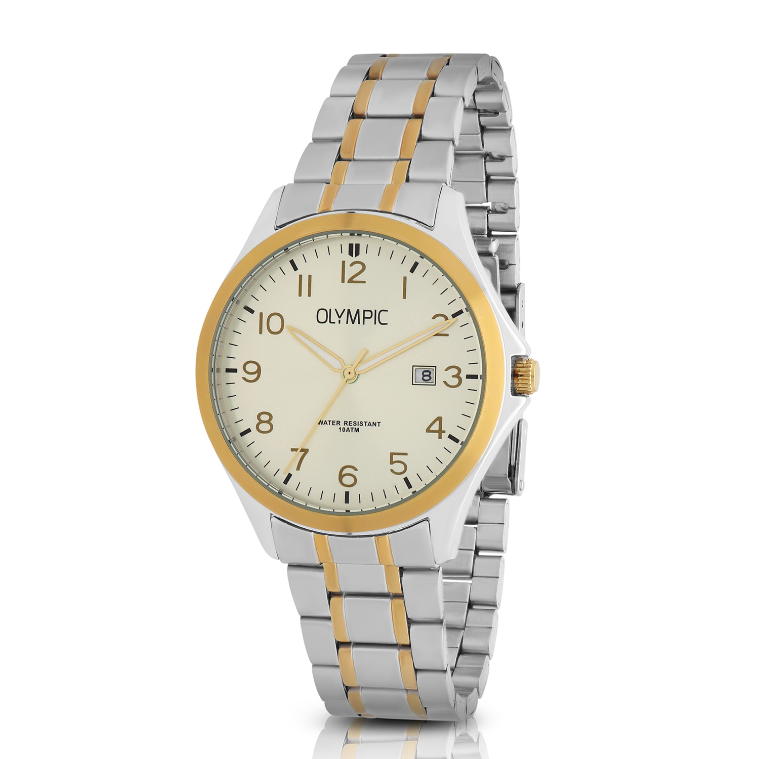 Olympic OL72HSS397B Robin Horloge Heren Leer 40mm 
Dit unieke Olympic horloge met artikelnummer: OL72HSS397B is een heren horloge met een classic uitstraling. De stalen kast heeft een gladde goudkleurige bezel en een zilverkleurige wijzerplaat met een datum. De uursaanduiding is opvallend door de Arabische cijfers en de sierlijke wijzers. Dit geeft het horloge een chique uiterlijk. Aan de stalen kast zit een stalen bi-color schakelband met een vouwsluiting. Het horloge heeft een mineraalglas, een doorsnee van 40mm en is 10ATM.

Waterdichtheid 10ATM
Dit horloge is bestand tegen water bij het zwemmen en douchen. Dit horloge is niet bestand tegen (grote) waterdruk dus je kunt er niet mee duiken.

Het merk:
Een mooi horloge hoeft niet duur te zijn! Het Nederlandse horlogemerk Olympic levert stoere chronografen, slimline series, digitale uurwerken en elegante dameshorloges. De prijs-kwaliteitverhouding staat bij Olympic hoog in het vaandel met prijzen die uiteenlopen van € 34,95 tot en met € 159,00.

100% Nederlands ontwerp, waterdicht en standaard 3 jaar fabrieksgarantie.

Specificaties:
- Ronde kast Ø 40mm
- Stalen horlogekast
- Zilverkleurige wijzerplaat
- Bi-color schakelband
- 10ATM 
- Standaard 3 jaar fabrieksgarantie
- Mineraalglas