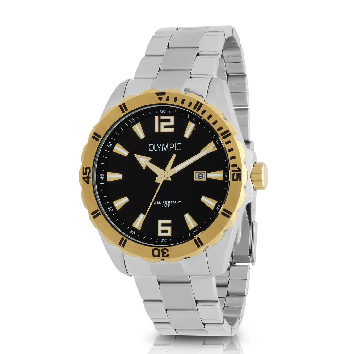 Olympic OL72HSS400B Pieter Horloge Heren Staal 43mm 
Dit unieke Olympic horloge met artikelnummer: OL72HSS400B is een heren horloge met een stoere uitstraling. De stalen kast heeft een bewerkte goudkleurige bezel en een zwarte wijzerplaat met een datum. De uursaanduiding is opvallend door de lumibrite strepen en wijzers. Dit geeft het horloge een sportief uiterlijk. Aan de stalen kast zit een stalen mat glimmende schakelband met een vouwsluiting. Het horloge heeft een mineraalglas, een doorsnee van 43mm en is 10ATM.

Waterdichtheid 10ATM
Dit horloge is bestand tegen water bij het zwemmen en douchen. Dit horloge is niet bestand tegen (grote) waterdruk dus je kunt er niet mee duiken.

Het merk:
Een mooi horloge hoeft niet duur te zijn! Het Nederlandse horlogemerk Olympic levert stoere chronografen, slimline series, digitale uurwerken en elegante dameshorloges. De prijs-kwaliteitverhouding staat bij Olympic hoog in het vaandel met prijzen die uiteenlopen van € 34,95 tot en met € 159,00.

100% Nederlands ontwerp, waterdicht en standaard 3 jaar fabrieksgarantie.

Specificaties:
- Ronde kast Ø 43mm
- Stalen horlogekast
- Zwarte wijzerplaat
- Stalen schakelband
- 10ATM 
- Standaard 3 jaar fabrieksgarantie
- Mineraalglas