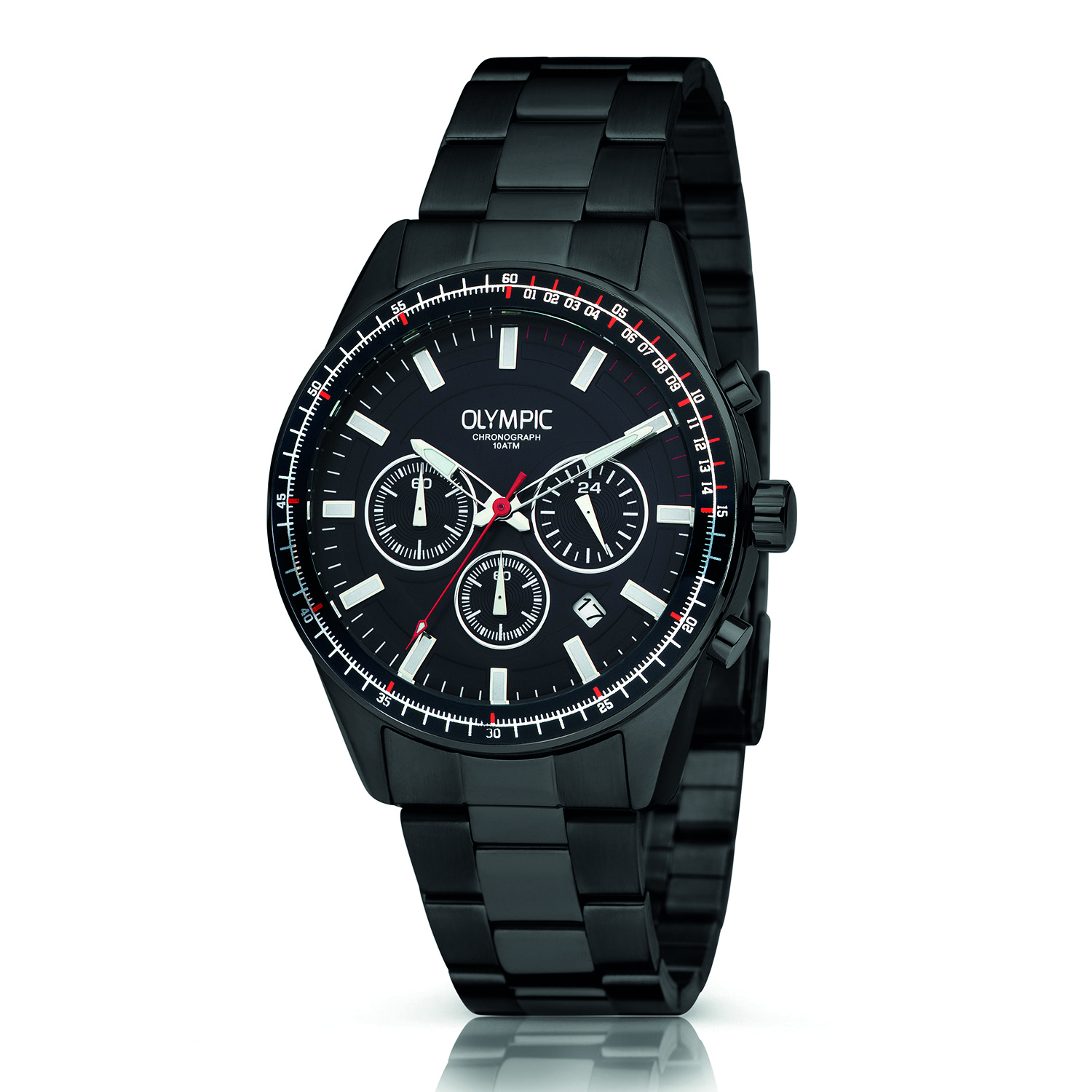 Olympic OL72HZZ002 MASON Horloge - Zwart staal -Bracelet - Zwart - 44mm 
Dit unieke Olympic horloge met artikelnummer: OL72HZZ002 is een herenhorloge met chronograaf en heeft een sportieve uitstraling. De stalen kast heeft een zwarte bewerkte bezel en een zwarte wijzerplaat met een datum en chronograaf. De uursaanduiding is opvallend door de lumibrite strepen en wijzers. De rode accenten geven het horloge een sportief uiterlijk. Aan de stalen kast zit een zwarte stalen schakelband met een vouwsluiting. Het horloge heeft een mineraalglas, een doorsnee van 44mm en is 10ATM.

Waterdichtheid 10ATM
Dit horloge is bestand tegen water bij het zwemmen en douchen. Dit horloge is niet bestand tegen (grote) waterdruk dus je kunt er niet mee duiken.

Het merk:
Een mooi horloge hoeft niet duur te zijn! Het Nederlandse horlogemerk Olympic levert stoere chronografen, slimline series, digitale uurwerken en elegante dameshorloges. De prijs-kwaliteitverhouding staat bij Olympic hoog in het vaandel met prijzen die uiteenlopen van &euro; 34,95 tot en met &euro; 159,00.

100% Nederlands ontwerp, waterdicht en standaard 3 jaar fabrieksgarantie.

Specificaties:
- Ronde kast &Oslash; 44mm
- Zwarte stalen horlogekast
- Zwarte wijzerplaat
- Zwarte stalen schakelband
- 10ATM 
- Standaard 3 jaar fabrieksgarantie
- Mineraalglas