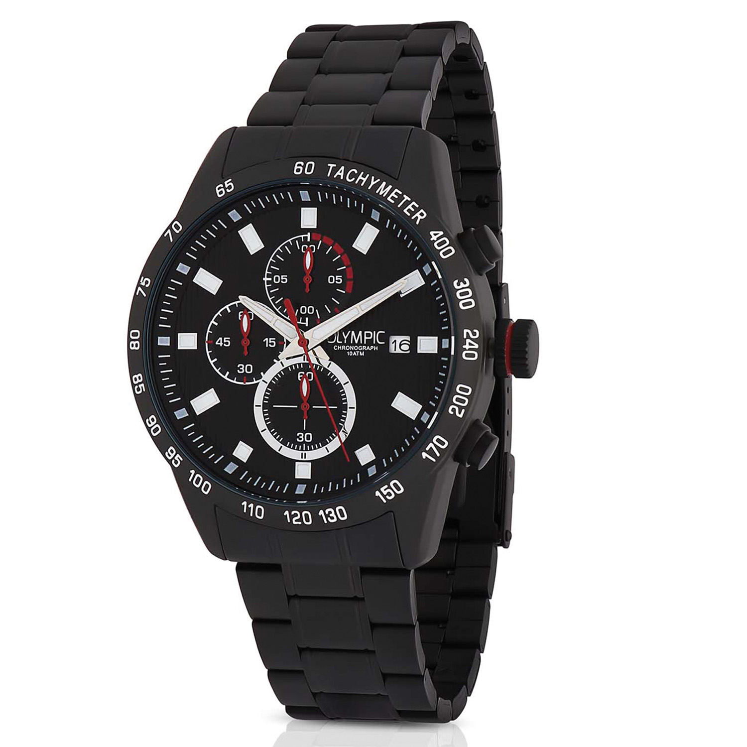 Olympic OL72HZZ003 MAX Horloge - Zwart staal -Bracelet - Zwart - 44mm 
Dit unieke Olympic horloge met artikelnummer: OL72HZZ003 is een herenhorloge met chronograaf en heeft een sportieve uitstraling. De zwarte stalen kast heeft een zwarte bezel met een tachymeter en een zwarte wijzerplaat met een datum en chronograaf. De uursaanduiding is opvallend door de lumibrite strepen en wijzers. De rode accenten geven het horloge een sportief uiterlijk. Aan de stalen kast zit een zwarte stalen schakelband met een vouwsluiting. Het horloge heeft een mineraalglas, een doorsnee van 44mm en is 10ATM.

Waterdichtheid 10ATM
Dit horloge is bestand tegen water bij het zwemmen en douchen. Dit horloge is niet bestand tegen (grote) waterdruk dus je kunt er niet mee duiken.

Het merk:
Een mooi horloge hoeft niet duur te zijn! Het Nederlandse horlogemerk Olympic levert stoere chronografen, slimline series, digitale uurwerken en elegante dameshorloges. De prijs-kwaliteitverhouding staat bij Olympic hoog in het vaandel met prijzen die uiteenlopen van € 34,95 tot en met € 159,00.

100% Nederlands ontwerp, waterdicht en standaard 3 jaar fabrieksgarantie.

Specificaties:
- Ronde kast Ø 44mm
- Zwarte stalen horlogekast
- Zwarte wijzerplaat
- Zwarte stalen schakelband
- 10ATM 
- Standaard 3 jaar fabrieksgarantie
- Mineraalglas