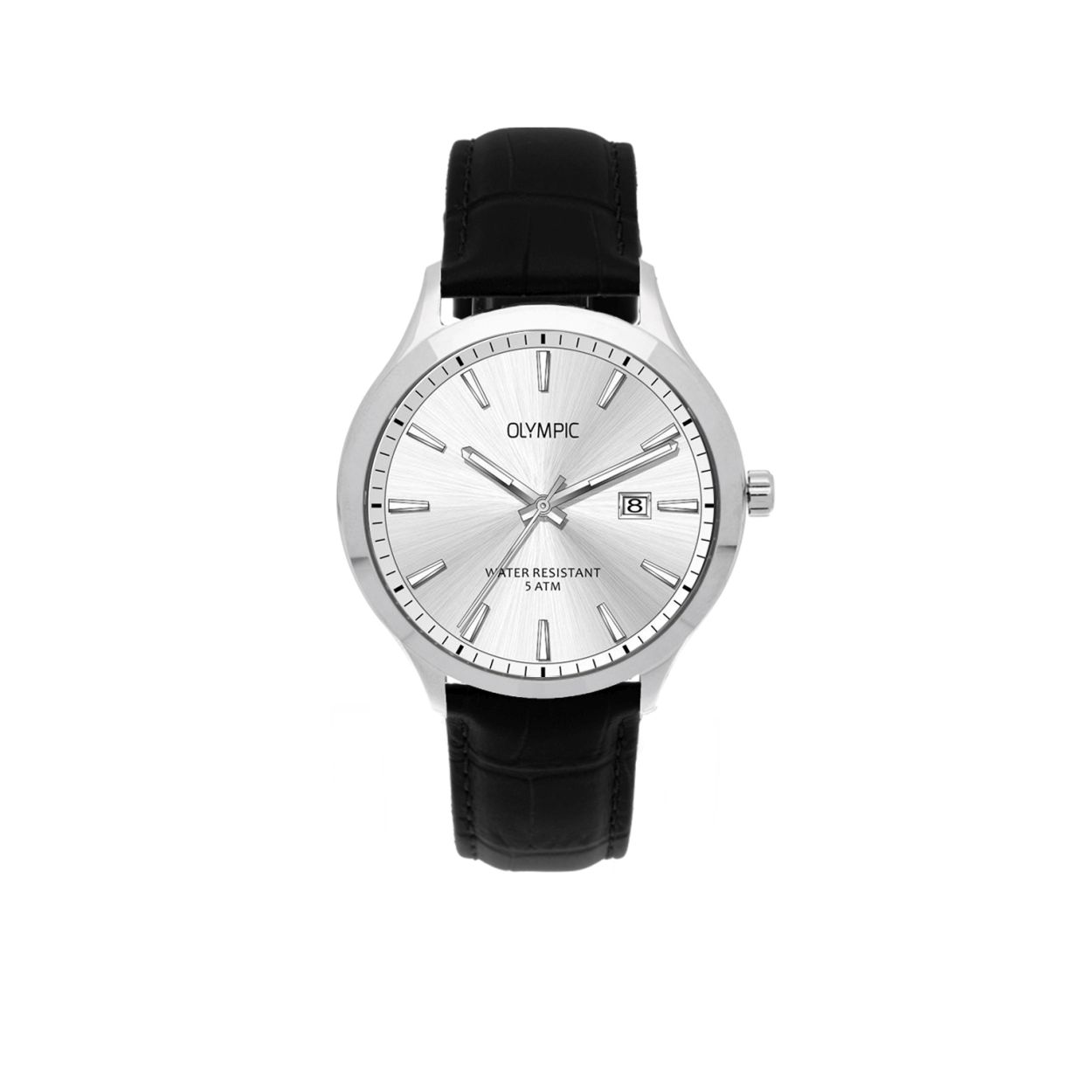 Dit zilverkleurig heren horloge is sportief en tijdloos.

Specificaties
- Mineraalglas
- Ronde stalen horlogekast
- Diameter 42 mm
- Zilverkleurig wijzerplaat
- Leren horlogeband
- 10 ATM

Waterdichtheid 10 ATM
Dit horloge is bestand tegen water bij het zwemmen en douchen. Dit horloge is niet bestand tegen (grote) waterdruk dus je kunt er niet mee duiken.

Op alle horloges van Olympic zit standaard drie jaar fabrieksgarantie.