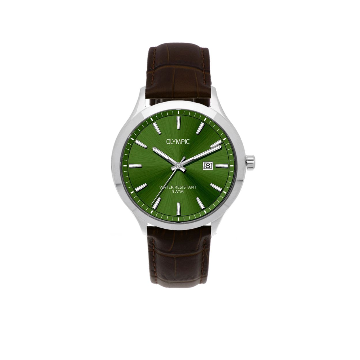 Dit zilverkleurig heren horloge is sportief en tijdloos.

Specificaties
- Mineraalglas
- Ronde stalen horlogekast
- Diameter 42 mm
- Groene wijzerplaat
- Leren horlogeband
- 5 ATM

Waterdichtheid 5 ATM
Dit horloge is bestand tegen water bij het zwemmen en douchen. Dit horloge is niet bestand tegen (grote) waterdruk dus je kunt er niet mee duiken.

Op alle horloges van Olympic zit standaard drie jaar fabrieksgarantie.