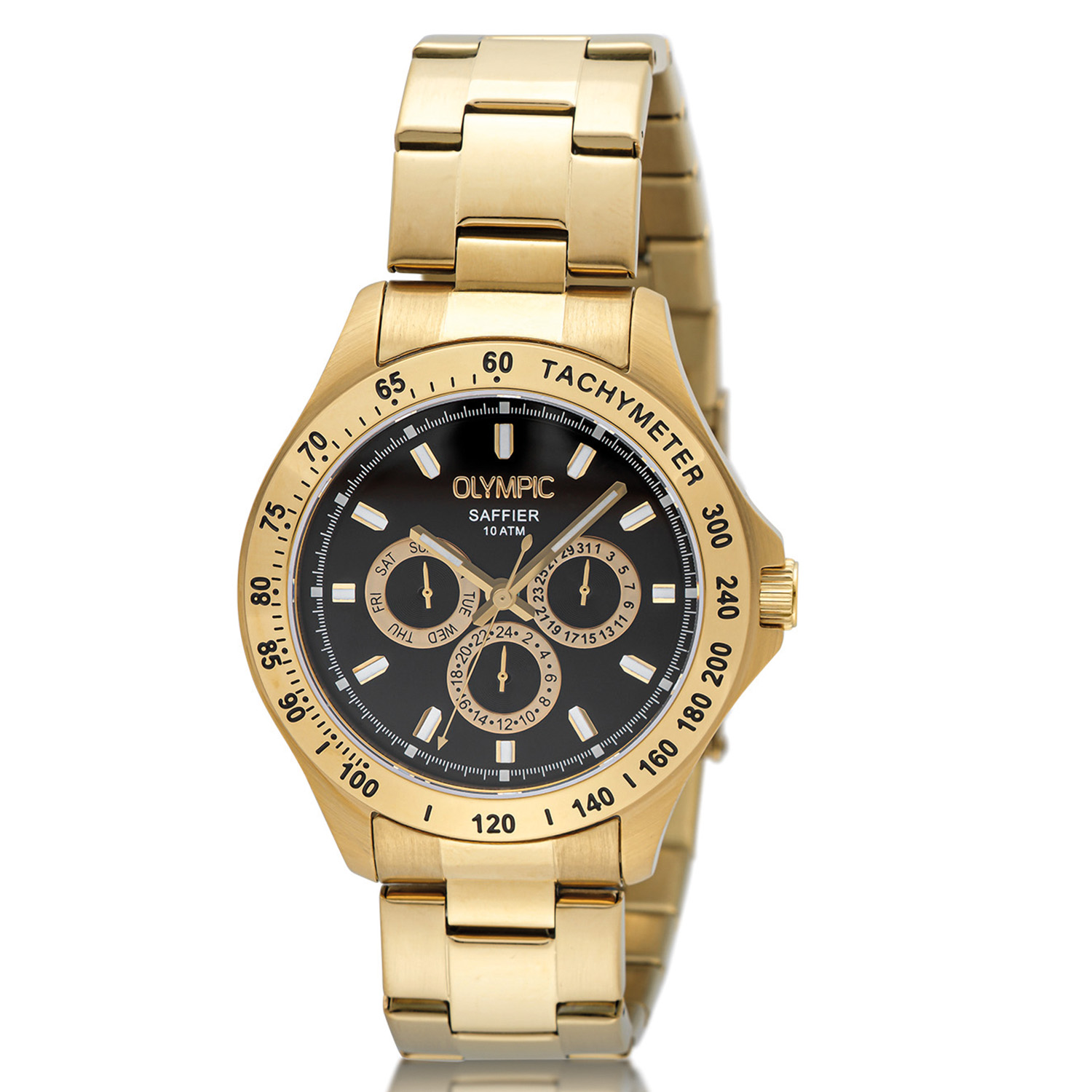Olympic OL89HDD001 JEFFREY Horloge - Double - Bracelet - Zwart - 42mm 
Dit unieke Olympic horloge met artikelnummer: OL89HDD001 is een sportief luxe herenhorloge. De stalen goudkleurige kast heeft een goudkleurige bezel met een tachymeter en een zwarte wijzerplaat. Op de wijzerplaat zit de dag,- datum,- en 24-uursaanduiding met opvallende goudkleurige accenten. Dit geeft het horloge een stoer uiterlijk. Aan de goudkleurige kast zit een goudkleurige schakelband met een vouwsluiting. Het horloge heeft een mineraalglas, een doorsnede van 42mm en is 10ATM.

Waterdichtheid 10ATM
Dit horloge is bestand tegen water bij het zwemmen en douchen. Dit horloge is niet bestand tegen (grote) waterdruk dus je kunt er niet mee duiken.
Waterdichtheid  5ATM
Dit horloge is regen en spatwaterdicht. Niet geschikt om mee te zwemmen en douchen.
Waterdichtheid 3ATM
Dit horloge is spatwaterdicht. Niet geschikt om mee te zwemmen en douchen.

Het merk:
Een mooi horloge hoeft niet duur te zijn! Het Nederlandse horlogemerk Olympic levert stoere chronografen, slimline series, digitale uurwerken en elegante dameshorloges. De prijs-kwaliteitverhouding staat bij Olympic hoog in het vaandel met prijzen die uiteenlopen van € 34,95 tot en met € 159,00.

100% Nederlands ontwerp, waterdicht en standaard 3 jaar fabrieksgarantie.

Specificaties:
- Ronde kast 42mm
- Stalen horlogekast
- Zwarte wijzerplaat
- Goudkleurige schakelband
- 10ATM 
- Standaard 3 jaar fabrieksgarantie
- Mineraalglas