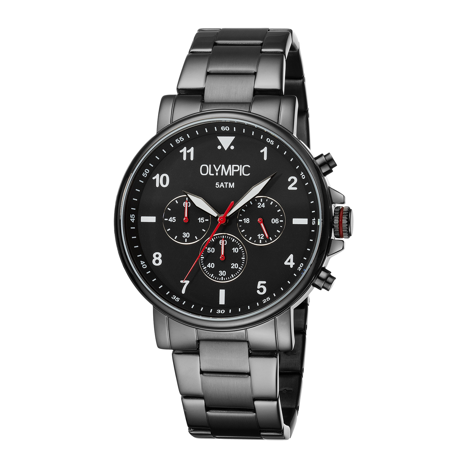 Olympic OL89HGG002 Jack Horloge Heren Staal 44mm 
Dit unieke Olympic horloge met artikelnummer: OL89HGG002 is een heren horloge met een stoere uitstraling. De stalen kast heeft een gladde bezel en een grijze wijzerplaat met een chronograaf. De uursaanduiding is opvallend door de lumibrite en rode strepen en wijzers. Dit geeft het horloge een stoer uiterlijk. Aan de stalen kast zit een gunmetal stalen schakelband met een vouwsluiting. Het horloge heeft een mineraalglas, een doorsnee van 44mm en is 5ATM.

Waterdichtheid 5ATM
Dit horloge is bestand tegen water bij het zwemmen en douchen. Dit horloge is niet bestand tegen (grote) waterdruk dus je kunt er niet mee duiken.

Het merk:
Een mooi horloge hoeft niet duur te zijn! Het Nederlandse horlogemerk Olympic levert stoere chronografen, slimline series, digitale uurwerken en elegante dameshorloges. De prijs-kwaliteitverhouding staat bij Olympic hoog in het vaandel met prijzen die uiteenlopen van € 34,95 tot en met € 159,00.

100% Nederlands ontwerp, waterdicht en standaard 3 jaar fabrieksgarantie.

Specificaties:
- Ronde kast Ø 44mm
- Stalen horlogekast
- Grijze wijzerplaat
- Stalen schakelband
- 5ATM 
- Standaard 3 jaar fabrieksgarantie
- Mineraalglas
