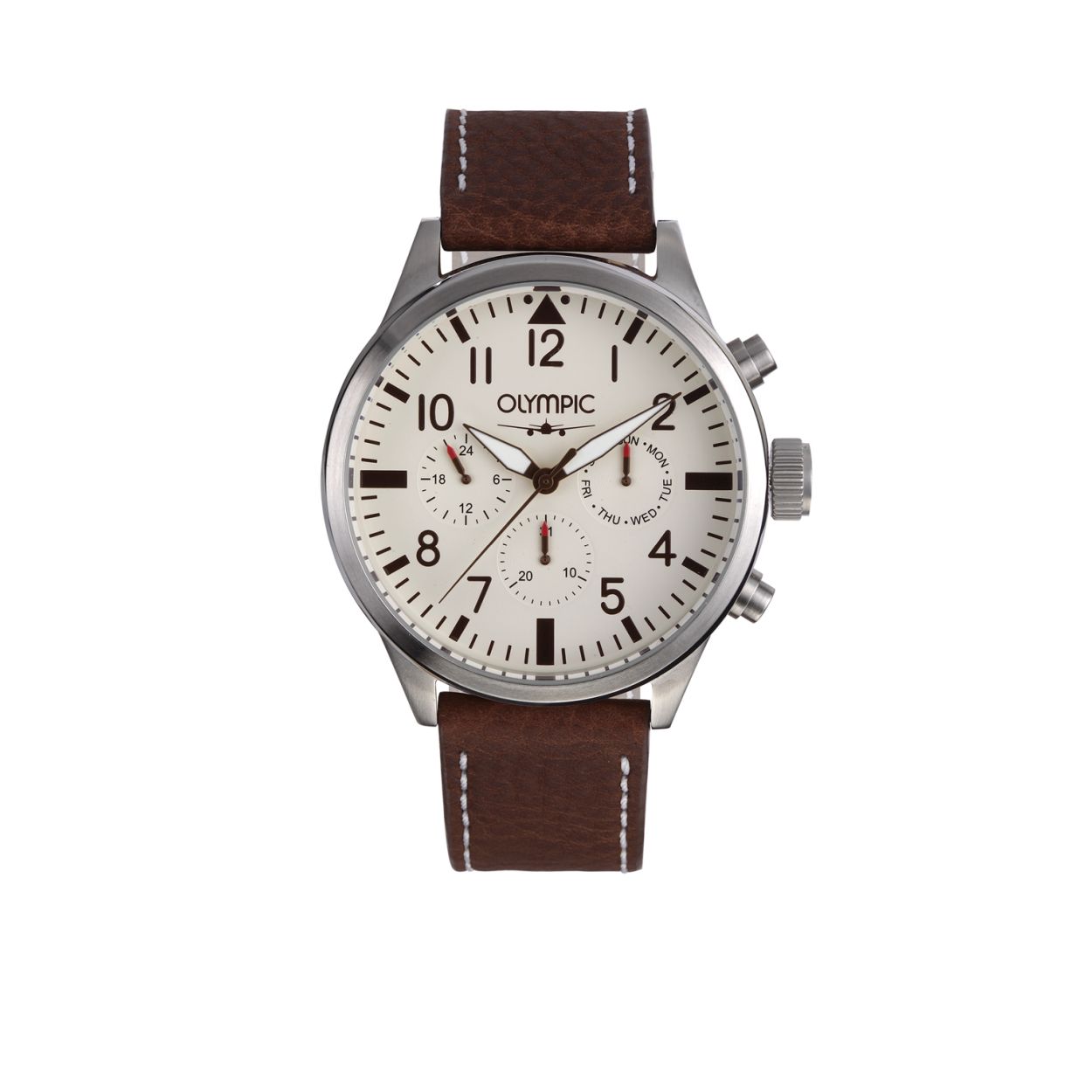Bestel nu de Olympic OL89HSL042 in onze veilige webshop. Dit Olympic herenhorloge heeft een band van bruin leder en een kast van edelstaal. De Olympic Multifunction OL89HSL042 heeft met 46 mm. een mooi formaat en wordt afgemaakt met een beige gekleurde wijzerplaat. Het materiaal glas van dit uurwerk is mineraal glas, en het horloge is 5 ATM (douchen) waterdicht.