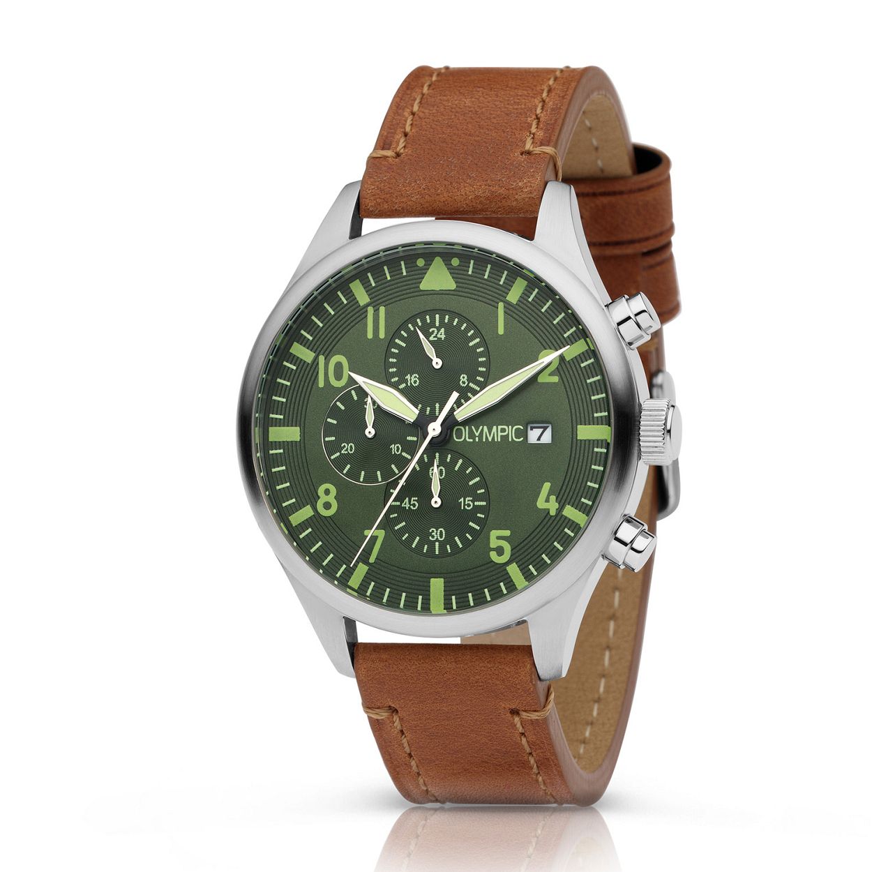 Olympic OL89HSL055 RALLY - Horloge - Staal - Leer - Groen - 44mm
Dit unieke Olympic horloge met artikelnummer OL89HSL055 is een sportief/klassiek herenhorloge. De zilverkleurige stalen kast heeft een groene wijzerplaat met chronograaf en een datum. De uurs-aanduiding is opvallend door de lumibrite strepen cijfers en wijzers. Aan het horloge zit een bruine leren band met een stalen gesp. Het horloge heeft een mineraalglas een afmeting van 44mm en is 5 ATM.

Waterdichtheid 5 ATM
Dit horloge is bestand tegen water bij het zwemmen en douchen. Dit horloge is niet bestand tegen (grote) waterdruk dus je kunt er niet mee duiken.

Het merk
Een mooi horloge hoeft niet duur te zijn! Het Nederlandse horlogemerk Olympic levert stoere chronografen slimline series digitale uurwerken en elegante dameshorloges. De prijs-kwaliteitverhouding staat bij Olympic hoog in het vaandel met prijzen die uiteenlopen van � 3495 tot en met � 13900.

100% Nederlands ontwerp waterdicht en standaard 3 jaar fabrieksgarantie.

Specificaties
- Zilverkleurige horlogekast
- Groene wijzerplaat
- Bruine leren band
- 5 ATM (Regen- & spatwaterdicht)
- Standaard 3 jaar fabrieksgarantie
- Mineraalglas                                    