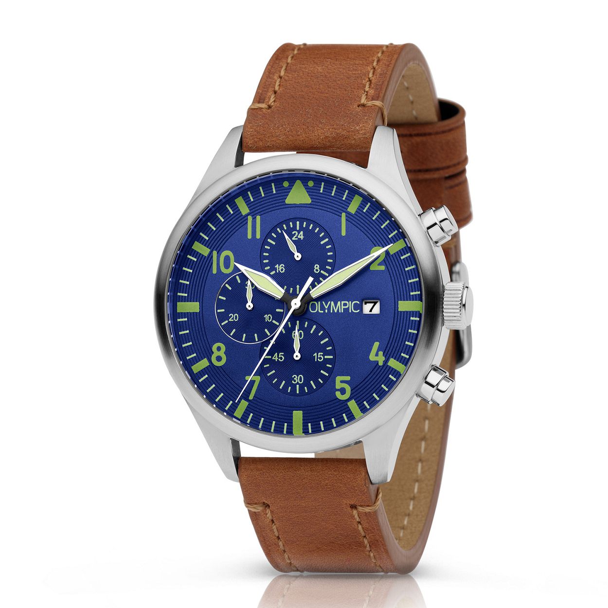 Olympic OL89HSL056 RALLY - Horloge - Staal - Leer - Blauw - 44mm
Dit unieke Olympic horloge met artikelnummer: OL89HSL056 is een sportief/klassiek herenhorloge. De zilverkleurige stalen kast heeft een blauwe wijzerplaat met chronograaf en een datum. De uurs-aanduiding is opvallend door de lumibrite strepen, cijfers en wijzers. Aan het horloge zit een bruine leren band met een stalen gesp. Het horloge heeft een mineraalglas, een afmeting van 44mm en is 5 ATM.

Waterdichtheid 5 ATM
Dit horloge is bestand tegen water bij het zwemmen en douchen. Dit horloge is niet bestand tegen (grote) waterdruk dus je kunt er niet mee duiken.

Het merk:
Een mooi horloge hoeft niet duur te zijn! Het Nederlandse horlogemerk Olympic levert stoere chronografen, slimline series, digitale uurwerken en elegante dameshorloges. De prijs-kwaliteitverhouding staat bij Olympic hoog in het vaandel met prijzen die uiteenlopen van € 34,95 tot en met € 139,00.

100% Nederlands ontwerp, waterdicht en standaard 3 jaar fabrieksgarantie.

Specificaties:
- Zilverkleurige horlogekast
- Blauwe wijzerplaat
- Bruine leren band
- 5 ATM (Regen- & spatwaterdicht)
- Standaard 3 jaar fabrieksgarantie
- Mineraalglas