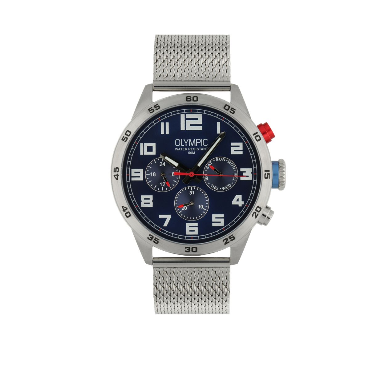 productomschrijving
Dit stoere horloge uit de Football serie van Olympic is tot in detail vormgegeven.
De robuuste kast is gemaakt van geborsteld edelstaal, is 5 atmosfeer waterdicht en heeft een diameter van 44 mm. Kleine kleur details en oplichtende wijzers benadrukken het sportieve karakter van dit schitterende mannen horloge.
Het uurwerk van dit horloge heeft naast de normale tijd ook een indicator voor datum, dag van de week en 24-uur. 
Verder is dit horloge uitgerust met een extra dikke, maar toch soepele, lederen band.

Specificaties
- Mineraal glas
- Ronde kastvorm � 44 mm
- Edelstalen horlogekast
- Retro wijzerplaat met oplichtende wijzers
- Robuuste, Milanese band
- 5 ATM (Zwemmen en snorkelen)

Waterdichtheid 5 ATM
Dit horloge is bestand tegen water bij het zwemmen en douchen. Dit horloge is niet bestand tegen (grote) waterdruk dus je kunt er niet mee duiken.

Verpakking & Garantie
De horloges worden geleverd in een verpakking met kussentje en bijgevoegd een garantieboekje. Op alle horloges van Olympic zit standaard drie jaar fabrieksgarantie.

Over Olympic
In 1956 werd aan de Jekerstraat in Amsterdam het horlogemerk Olympic opgericht. Een familiebedrijf dat in de loop der jaren uitgegroeid is tot ��n van de bekendste Nederlandse merken in de horloge- en sieradenbranche.

Van stoere chronografen tot slimline series, digitale uurwerken en elegante dameshorloges: Olympic is voor iedereen, ge�nspireerd op het dagelijks leven. De prijs-kwaliteitsverhouding staat bij Olympic hoog in het vaandel met prijzen die uiteenlopen van � 34,95 tot en met � 139,00 wordt standaard 3 jaar garantie geboden.

Bol.com is officieel dealer van Olympic horloges.