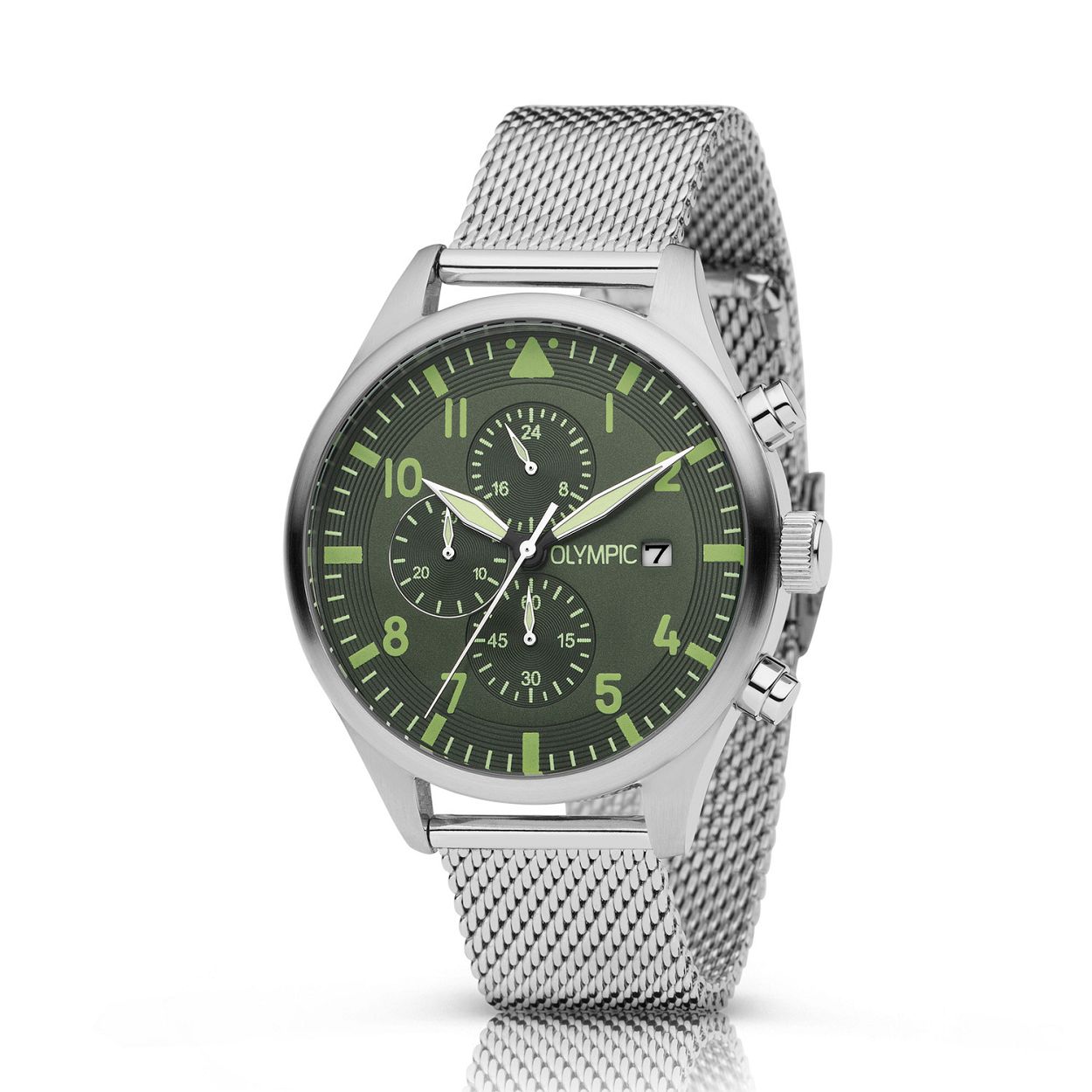 Olympic OL89HSS046 RALLY - Horloge - Staal - Milanees - Groen - 44mm
Dit unieke Olympic horloge met artikelnummer: OL89HSS046 is een sportief/klassiek herenhorloge. De zilverkleurige stalen kast heeft een groene wijzerplaat met chronograaf en een datum. De uurs-aanduiding is opvallend door de lumibrite strepen, cijfers en wijzers. Aan het horloge zit een zilverkleurige milanese band met klepsluiting. Het horloge heeft een mineraalglas, een afmeting van 44mm en is 5 ATM.

Waterdichtheid 5 ATM
Dit horloge is bestand tegen water bij het zwemmen en douchen. Dit horloge is niet bestand tegen (grote) waterdruk dus je kunt er niet mee duiken.

Het merk:
Een mooi horloge hoeft niet duur te zijn! Het Nederlandse horlogemerk Olympic levert stoere chronografen, slimline series, digitale uurwerken en elegante dameshorloges. De prijs-kwaliteitverhouding staat bij Olympic hoog in het vaandel met prijzen die uiteenlopen van € 34,95 tot en met € 139,00.

100% Nederlands ontwerp, waterdicht en standaard 3 jaar fabrieksgarantie.

Specificaties:
- Zilverkleurige horlogekast
- Groene wijzerplaat
- Milanese band
- 5 ATM (Regen- & spatwaterdicht)
- Standaard 3 jaar fabrieksgarantie
- Mineraalglas