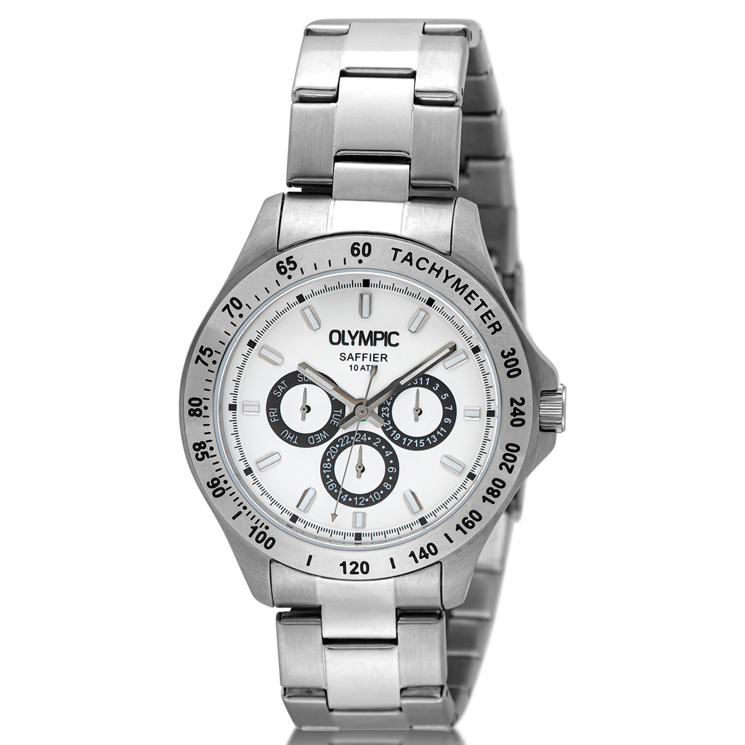 Olympic OL89HSS048 JEFFREY Horloge – Staal – Bracelet – Wit – 42mm
Dit unieke Olympic horloge met artikelnummer: OL89HSS048 is een sportief luxe herenhorloge. De stalen kast heeft een zilverkleurige bezel met een tachymeter en een witte wijzerplaat. Op de wijzerplaat zit de dag,- datum,- en 24-uursaanduiding met opvallende zwarte accenten. Dit geeft het horloge een stoer uiterlijk. Aan de zilverkleurige kast zit een zilverkleurige schakelband met een vouwsluiting. Het horloge heeft een mineraalglas, een doorsnede van 42mm en is 10ATM.

Is de OL89HSS048 waterdicht?
Dit horloge is bestand tegen water bij het zwemmen en douchen. Dit horloge is niet bestand tegen (grote) waterdruk dus je kunt er niet mee duiken.