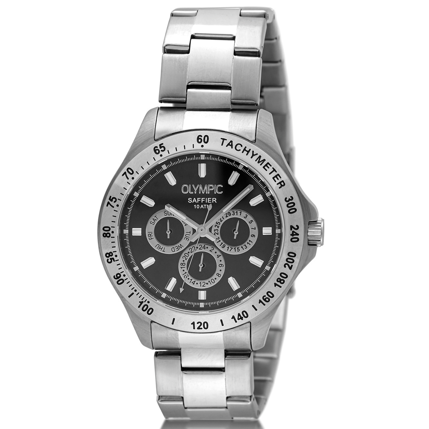 Olympic OL89HSS049 JEFFREY Horloge - Staal - Bracelet - Zwart - 42mm 
Dit unieke Olympic horloge met artikelnummer: OL89HSS049 is een sportief luxe herenhorloge. De stalen kast heeft een zilverkleurige bezel met een tachymeter en een zwarte wijzerplaat. Op de wijzerplaat zit de dag,- datum,- en 24-uursaanduiding met opvallende zilverkleurige accenten. Dit geeft het horloge een stoer uiterlijk. Aan de zilverkleurige kast zit een zilverkleurige schakelband met een vouwsluiting. Het horloge heeft een mineraalglas, een doorsnede van 42mm en is 10ATM.

Waterdichtheid 10ATM
Dit horloge is bestand tegen water bij het zwemmen en douchen. Dit horloge is niet bestand tegen (grote) waterdruk dus je kunt er niet mee duiken.
Waterdichtheid  5ATM
Dit horloge is regen en spatwaterdicht. Niet geschikt om mee te zwemmen en douchen.
Waterdichtheid 3ATM
Dit horloge is spatwaterdicht. Niet geschikt om mee te zwemmen en douchen.

Het merk:
Een mooi horloge hoeft niet duur te zijn! Het Nederlandse horlogemerk Olympic levert stoere chronografen, slimline series, digitale uurwerken en elegante dameshorloges. De prijs-kwaliteitverhouding staat bij Olympic hoog in het vaandel met prijzen die uiteenlopen van € 34,95 tot en met € 159,00.

100% Nederlands ontwerp, waterdicht en standaard 3 jaar fabrieksgarantie.

Specificaties:
- Ronde kast 42mm
- Stalen horlogekast
- Zwarte wijzerplaat
- Stalen schakelband
- 10ATM 
- Standaard 3 jaar fabrieksgarantie
- Mineraalglas