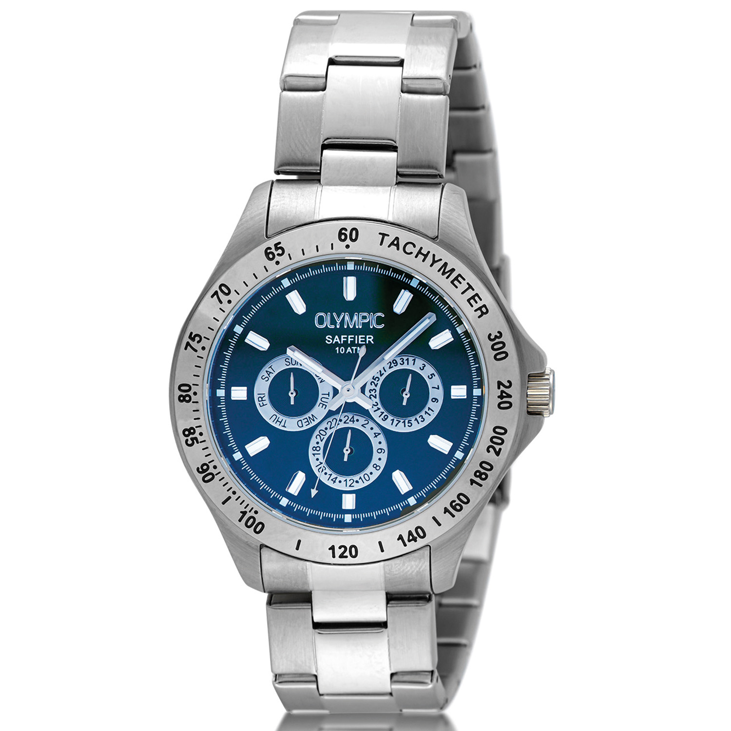 Olympic OL89HSS050 JEFFREY Horloge - Staal - Bracelet - Blauw - 42mm 
Dit unieke Olympic horloge met artikelnummer: OL89HSS050 is een sportief luxe herenhorloge. De stalen kast heeft een zilverkleurige bezel met een tachymeter en een blauwe wijzerplaat. Op de wijzerplaat zit de dag,- datum,- en 24-uursaanduiding met opvallende zilverkleurige accenten. Dit geeft het horloge een stoer uiterlijk. Aan de zilverkleurige kast zit een zilverkleurige schakelband met een vouwsluiting. Het horloge heeft een mineraalglas, een doorsnede van 42mm en is 10ATM.

Waterdichtheid 10ATM
Dit horloge is bestand tegen water bij het zwemmen en douchen. Dit horloge is niet bestand tegen (grote) waterdruk dus je kunt er niet mee duiken.
Waterdichtheid  5ATM
Dit horloge is regen en spatwaterdicht. Niet geschikt om mee te zwemmen en douchen.
Waterdichtheid 3ATM
Dit horloge is spatwaterdicht. Niet geschikt om mee te zwemmen en douchen.

Het merk:
Een mooi horloge hoeft niet duur te zijn! Het Nederlandse horlogemerk Olympic levert stoere chronografen, slimline series, digitale uurwerken en elegante dameshorloges. De prijs-kwaliteitverhouding staat bij Olympic hoog in het vaandel met prijzen die uiteenlopen van € 34,95 tot en met € 159,00.

100% Nederlands ontwerp, waterdicht en standaard 3 jaar fabrieksgarantie.

Specificaties:
- Ronde kast 42mm
- Stalen horlogekast
- Blauwe wijzerplaat
- Stalen schakelband
- 10ATM 
- Standaard 3 jaar fabrieksgarantie
- Mineraalglas