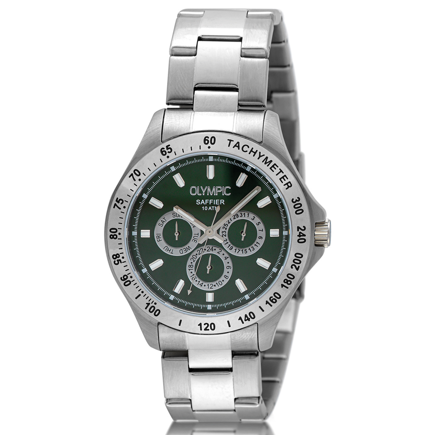 Olympic OL89HSS051 JEFFREY Horloge - Staal - Bracelet - Groen - 42mm 
Dit unieke Olympic horloge met artikelnummer: OL89HSS051 is een sportief luxe herenhorloge. De stalen kast heeft een zilverkleurige bezel met een tachymeter en een groene wijzerplaat. Op de wijzerplaat zit de dag,- datum,- en 24-uursaanduiding met opvallende zilverkleurige accenten. Dit geeft het horloge een stoer uiterlijk. Aan de zilverkleurige kast zit een zilverkleurige schakelband met een vouwsluiting. Het horloge heeft een mineraalglas, een doorsnede van 42mm en is 10ATM.

Waterdichtheid 10ATM
Dit horloge is bestand tegen water bij het zwemmen en douchen. Dit horloge is niet bestand tegen (grote) waterdruk dus je kunt er niet mee duiken.
Waterdichtheid  5ATM
Dit horloge is regen en spatwaterdicht. Niet geschikt om mee te zwemmen en douchen.
Waterdichtheid 3ATM
Dit horloge is spatwaterdicht. Niet geschikt om mee te zwemmen en douchen.

Het merk:
Een mooi horloge hoeft niet duur te zijn! Het Nederlandse horlogemerk Olympic levert stoere chronografen, slimline series, digitale uurwerken en elegante dameshorloges. De prijs-kwaliteitverhouding staat bij Olympic hoog in het vaandel met prijzen die uiteenlopen van € 34,95 tot en met € 159,00.

100% Nederlands ontwerp, waterdicht en standaard 3 jaar fabrieksgarantie.

Specificaties:
- Ronde kast 42mm
- Stalen horlogekast
- Groene wijzerplaat
- Stalen schakelband
- 10ATM 
- Standaard 3 jaar fabrieksgarantie
- Mineraalglas