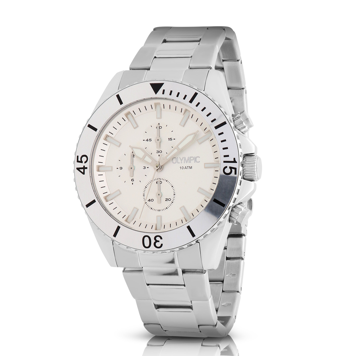 Olympic OL89HSS053 Paul Horloge Heren Staal 43mm 
Dit unieke Olympic horloge met artikelnummer: OL89HSS053 is een heren horloge met een stoere uitstraling. De stalen kast heeft een bewerkte bezel en een zilverkleurige wijzerplaat met een chronograaf. De uursaanduiding is opvallend door de lumibrite strepen en wijzers. Dit geeft het horloge een stoer uiterlijk. Aan de stalen kast zit een stalen mat glimmende schakelband met een vouwsluiting. Het horloge heeft een mineraalglas, een doorsnee van 43mm en is 10ATM.

Waterdichtheid 10ATM
Dit horloge is bestand tegen water bij het zwemmen en douchen. Dit horloge is niet bestand tegen (grote) waterdruk dus je kunt er niet mee duiken.

Het merk:
Een mooi horloge hoeft niet duur te zijn! Het Nederlandse horlogemerk Olympic levert stoere chronografen, slimline series, digitale uurwerken en elegante dameshorloges. De prijs-kwaliteitverhouding staat bij Olympic hoog in het vaandel met prijzen die uiteenlopen van € 34,95 tot en met € 159,00.

100% Nederlands ontwerp, waterdicht en standaard 3 jaar fabrieksgarantie.

Specificaties:
- Ronde kast Ø 43mm
- Stalen horlogekast
- Zilverkleurige wijzerplaat
- Stalen schakelband
- 10ATM 
- Standaard 3 jaar fabrieksgarantie
- Mineraalglas