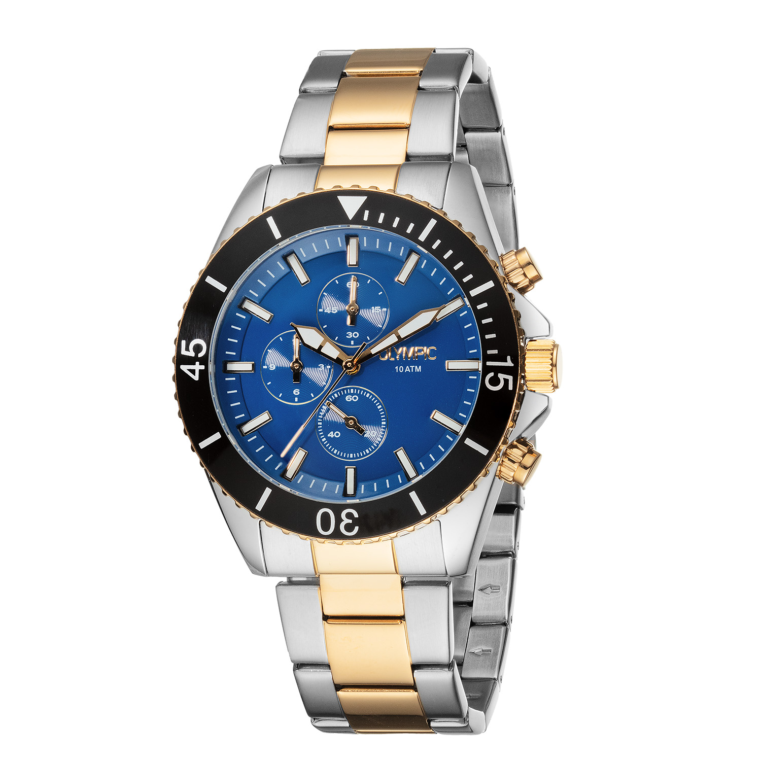 Olympic OL89HSS055B Paul Horloge Heren Staal 43mm 
Dit unieke Olympic horloge met artikelnummer: OL89HSS055B is een heren horloge met een stoere uitstraling. De stalen kast heeft een bewerkte bezel en een blauwe wijzerplaat met een chronograaf. De uursaanduiding is opvallend door de lumibrite strepen en wijzers. Dit geeft het horloge een stoer uiterlijk. Aan de stalen kast zit een stalen mat glimmende bi-color schakelband met een vouwsluiting. Het horloge heeft een mineraalglas, een doorsnee van 43mm en is 10ATM.

Waterdichtheid 10ATM
Dit horloge is bestand tegen water bij het zwemmen en douchen. Dit horloge is niet bestand tegen (grote) waterdruk dus je kunt er niet mee duiken.

Het merk:
Een mooi horloge hoeft niet duur te zijn! Het Nederlandse horlogemerk Olympic levert stoere chronografen, slimline series, digitale uurwerken en elegante dameshorloges. De prijs-kwaliteitverhouding staat bij Olympic hoog in het vaandel met prijzen die uiteenlopen van € 34,95 tot en met € 159,00.

100% Nederlands ontwerp, waterdicht en standaard 3 jaar fabrieksgarantie.

Specificaties:
- Ronde kast Ø 43mm
- Stalen horlogekast
- Blauwe wijzerplaat
- Stalen bi-color schakelband
- 10ATM 
- Standaard 3 jaar fabrieksgarantie
- Mineraalglas