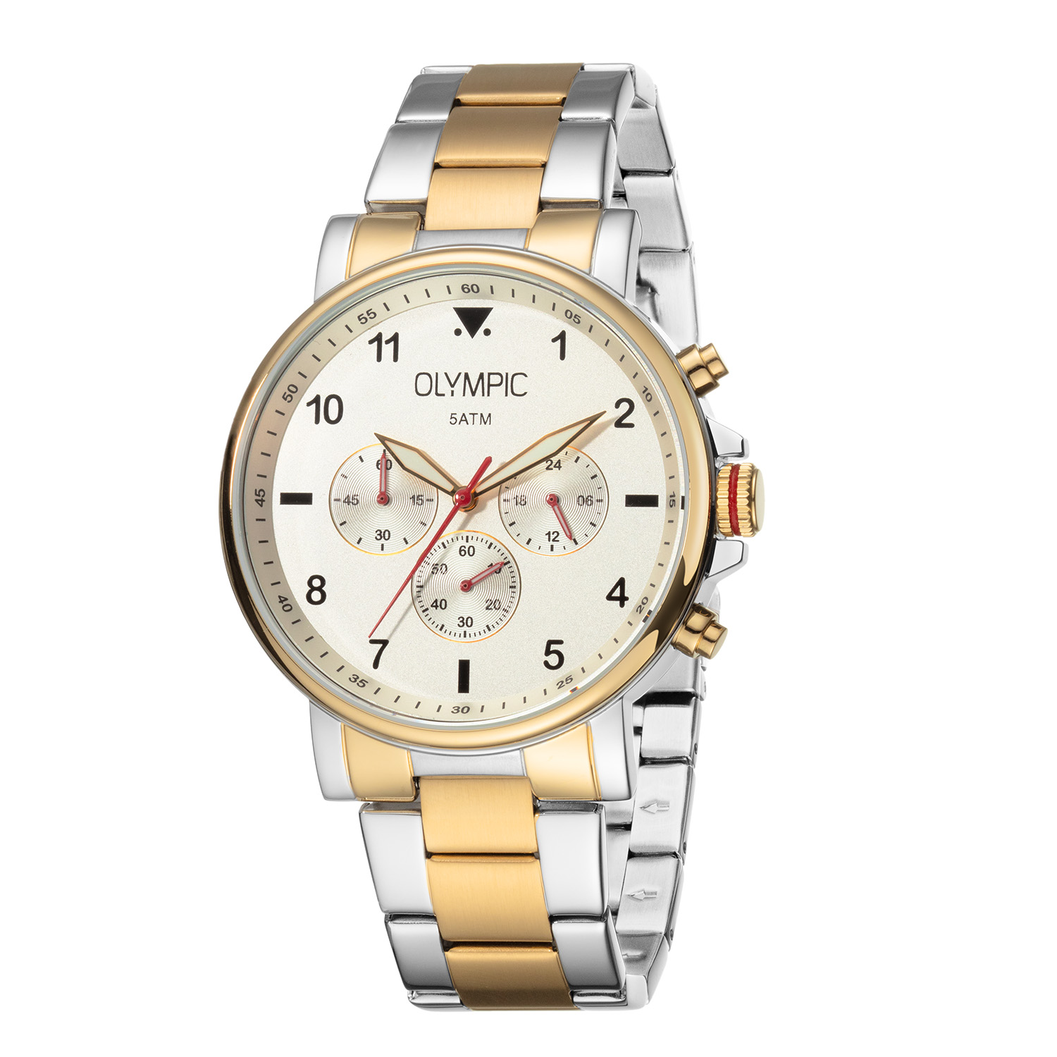 Olympic OL89HSS057B Jack Horloge Heren Staal 44mm 
Dit unieke Olympic horloge met artikelnummer: OL89HSS057B is een heren horloge met een stoere uitstraling. De stalen kast heeft een gladde bezel en een blauwe wijzerplaat met een chronograaf. De uursaanduiding is opvallend door de lumibrite en rode strepen en wijzers. Dit geeft het horloge een stoer uiterlijk. Aan de stalen kast zit een stalen mat glimmende bi-color schakelband met een vouwsluiting. Het horloge heeft een mineraalglas, een doorsnee van 44mm en is 5ATM.

Waterdichtheid 5ATM
Dit horloge is bestand tegen water bij het zwemmen en douchen. Dit horloge is niet bestand tegen (grote) waterdruk dus je kunt er niet mee duiken.

Het merk:
Een mooi horloge hoeft niet duur te zijn! Het Nederlandse horlogemerk Olympic levert stoere chronografen, slimline series, digitale uurwerken en elegante dameshorloges. De prijs-kwaliteitverhouding staat bij Olympic hoog in het vaandel met prijzen die uiteenlopen van € 34,95 tot en met € 159,00.

100% Nederlands ontwerp, waterdicht en standaard 3 jaar fabrieksgarantie.

Specificaties:
- Ronde kast Ø 44mm
- Stalen horlogekast
- Blauwe wijzerplaat
- Stalen schakelband
- 5ATM 
- Standaard 3 jaar fabrieksgarantie
- Mineraalglas