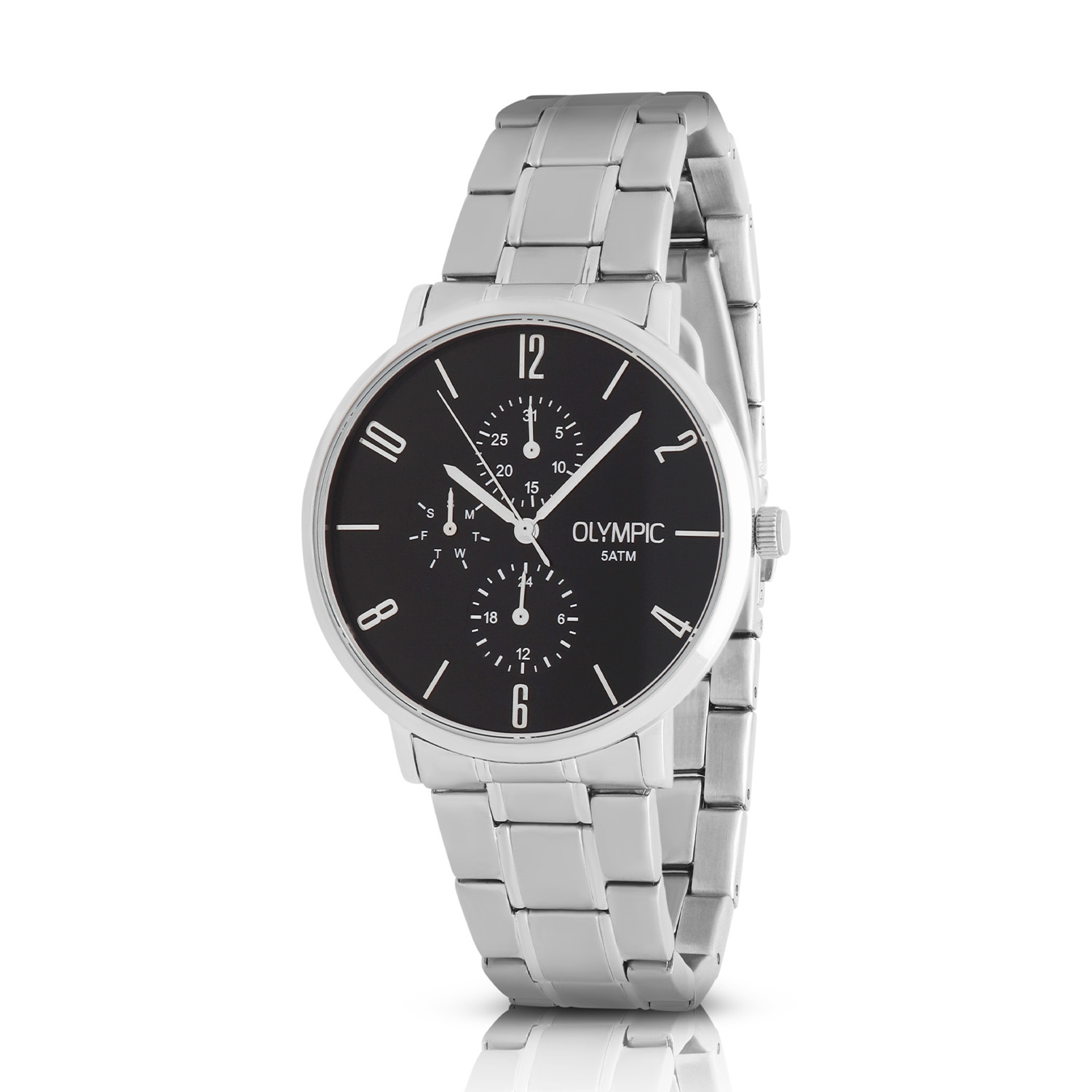 Olympic OL89HSS076 Tobias Horloge Heren Staal 40mm 
Dit unieke Olympic horloge met artikelnummer: OL89HSS076 is een heren horloge met een nette uitstraling. De stalen kast heeft een gladde bezel en een zwarte wijzerplaat met een dag,- datum,- en 24-uursaanduiding. De uursaanduiding is verfijnd met zilverkleurige strepen en enkele cijfers. Dit geeft het horloge een chique uiterlijk. Aan de stalen kast zit een stalen schakelband met een vouwsluiting. Het horloge heeft een mineraalglas, een doorsnee van 40mm en is 5ATM.

Waterdichtheid 5ATM
Dit horloge is bestand tegen water bij het zwemmen en douchen. Dit horloge is niet bestand tegen (grote) waterdruk dus je kunt er niet mee duiken.

Het merk:
Een mooi horloge hoeft niet duur te zijn! Het Nederlandse horlogemerk Olympic levert stoere chronografen, slimline series, digitale uurwerken en elegante dameshorloges. De prijs-kwaliteitverhouding staat bij Olympic hoog in het vaandel met prijzen die uiteenlopen van € 34,95 tot en met € 159,00.

100% Nederlands ontwerp, waterdicht en standaard 3 jaar fabrieksgarantie.

Specificaties:
- Ronde kast Ø 40mm
- Stalen horlogekast
- Zwarte wijzerplaat
- Stalen schakelband
- 5ATM 
- Standaard 3 jaar fabrieksgarantie
- Mineraalglas