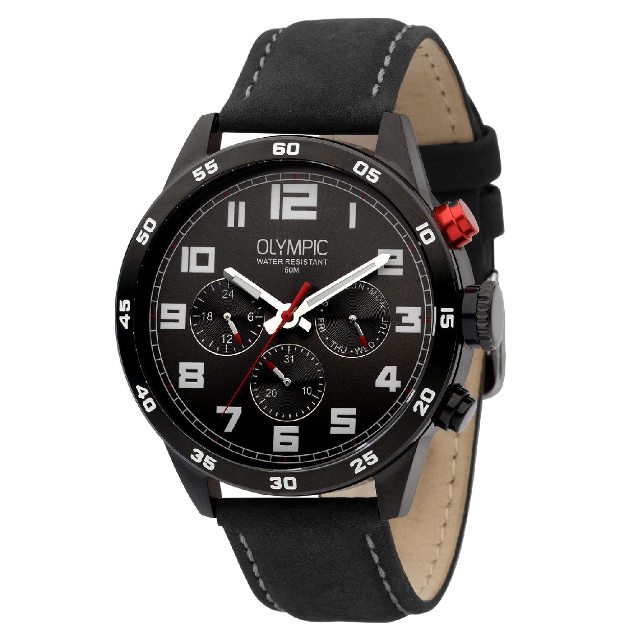 Olympic OL89HZL003 Football Horloge - Leer - Zwart - 44mm

Productomschrijving
Dit stijlvolle multifunctie horloge uit de Football serie van Olympic is tot in de detail vormgegeven. De OL89HZL003 beschikt over een indicator voor datum, dag en 24-uur. De robuuste zwarte kast van 44 mm is gemaakt van geborsteld edelstaal. Het sportieve karakter van dit horloge wordt extra benadrukt door de rode kleur details.

Waterdichtheid 5 ATM
Dit horloge is bestand tegen water bij het zwemmen en douchen. Dit horloge is niet bestand tegen (grote) waterdruk dus je kunt er niet mee duiken.

Het merk
Een mooi horloge hoeft niet duur te zijn! Het Nederlandse horlogemerk Olympic levert stoere chronografen, slimline series, digitale uurwerken en elegante dameshorloges. De prijs-kwaliteitverhouding staat bij Olympic hoog in het vaandel met prijzen die uiteenlopen van � 34,95 tot en met � 139,00.

100% Nederlands ontwerp, waterdicht en standaard 3 jaar fabrieksgarantie.

Specificaties
- Ronde kastvorm, 44mm
- Zwarte stalen horlogekast
- Zwarte wijzerplaat
- Zwarte leren horlogeband
- 5 ATM (Regen- & spatwaterdicht)
- EAN: 8718465740042
- Standaard 3 jaar fabrieksgarantie
