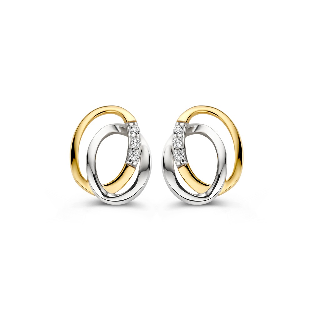 Bicolor gouden fantasie oorstekers met zirkonia.
