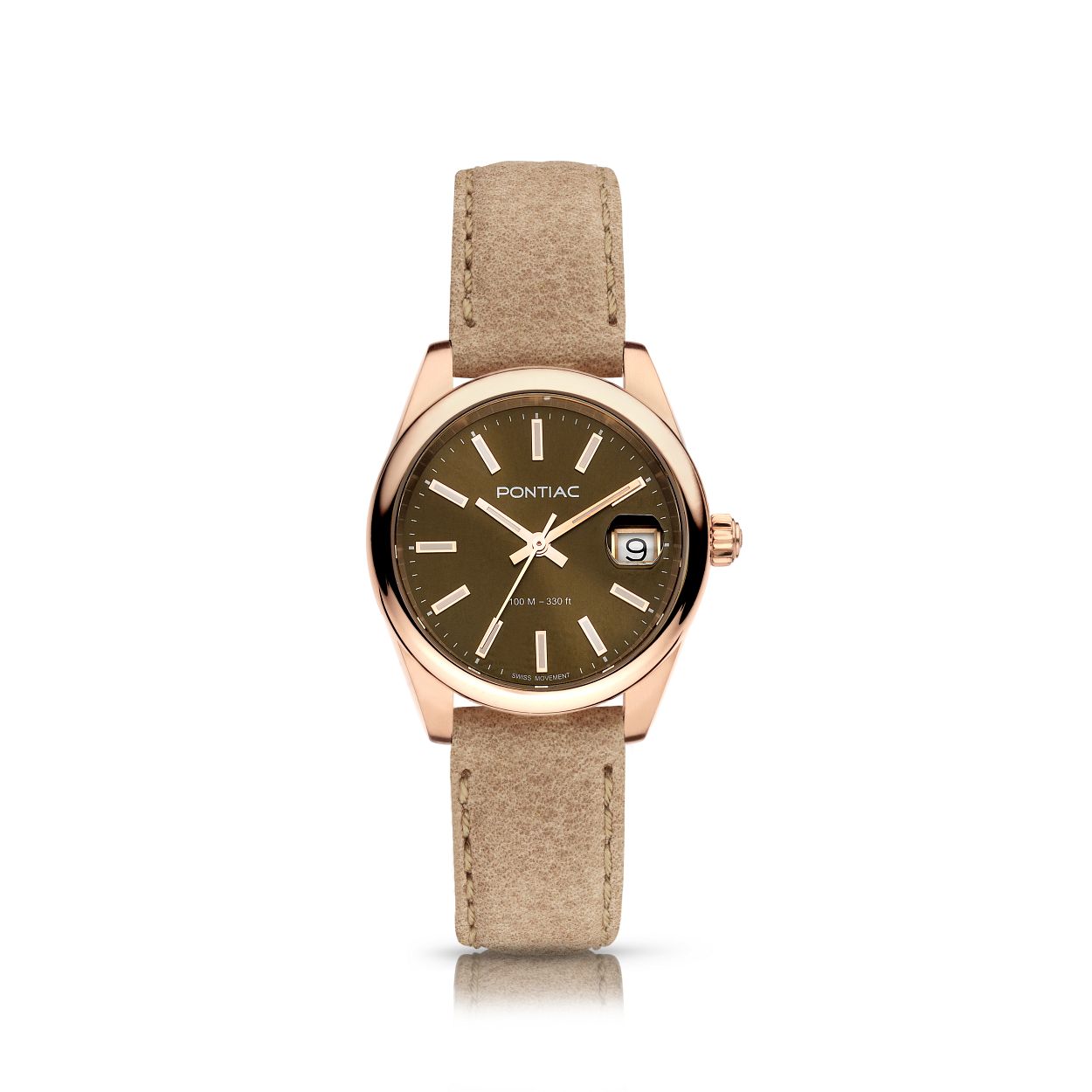 Dit dameshorloge is van het merk Pontiac. Het is een horloge gemaakt van edelstaal. De diameter van de kast is32 mm.
De verdere specificaties van het horloge zijn als volgt:
Glassoort: saffier kristal
Kastmateriaal: edelstaal
Waterdichtheid: 10 ATM
Techniek: quartz
Kastvorm: Rond
Kastkleur: Rosegoud
Bandmateriaal: Leer
Bandkleur: Bruin
Wijzerplaatkleur: Bruin