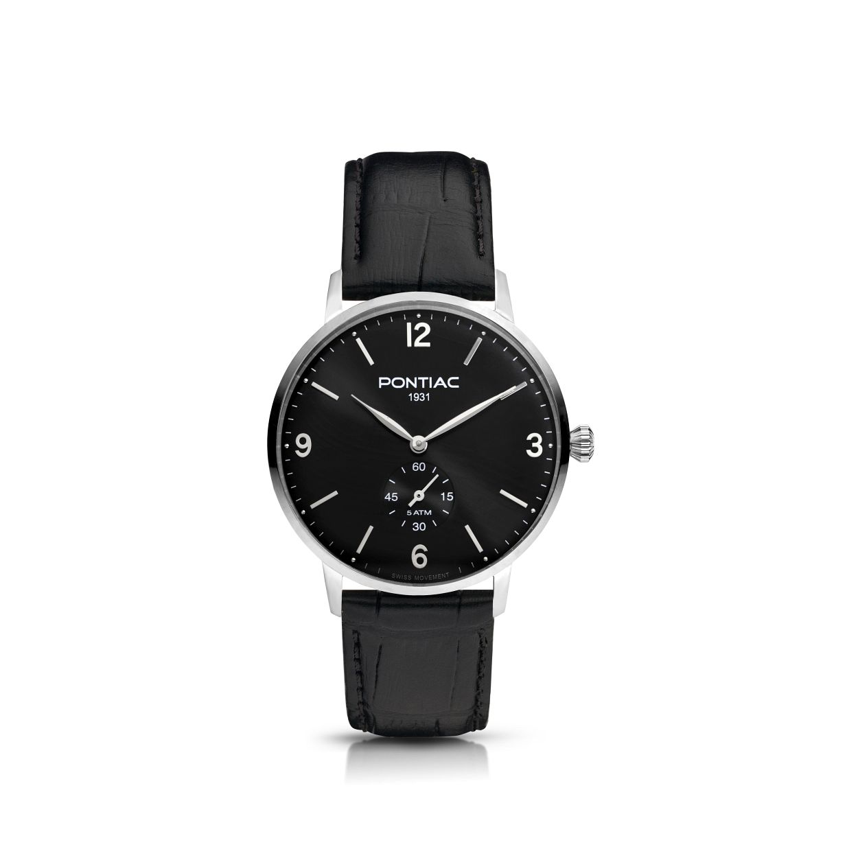 Dit herenhorloge is van het merk Pontiac. Het is een horloge gemaakt van edelstaal. De diameter van de kast is40 mm.
De verdere specificaties van het horloge zijn als volgt:
Glassoort: saffier kristal
Kastmateriaal: edelstaal
Waterdichtheid: 5 ATM
Techniek: quartz
Kastvorm: Rond
Kastkleur: Zilver
Bandmateriaal: Leer
Bandkleur: Zwart
Wijzerplaatkleur: Zwart