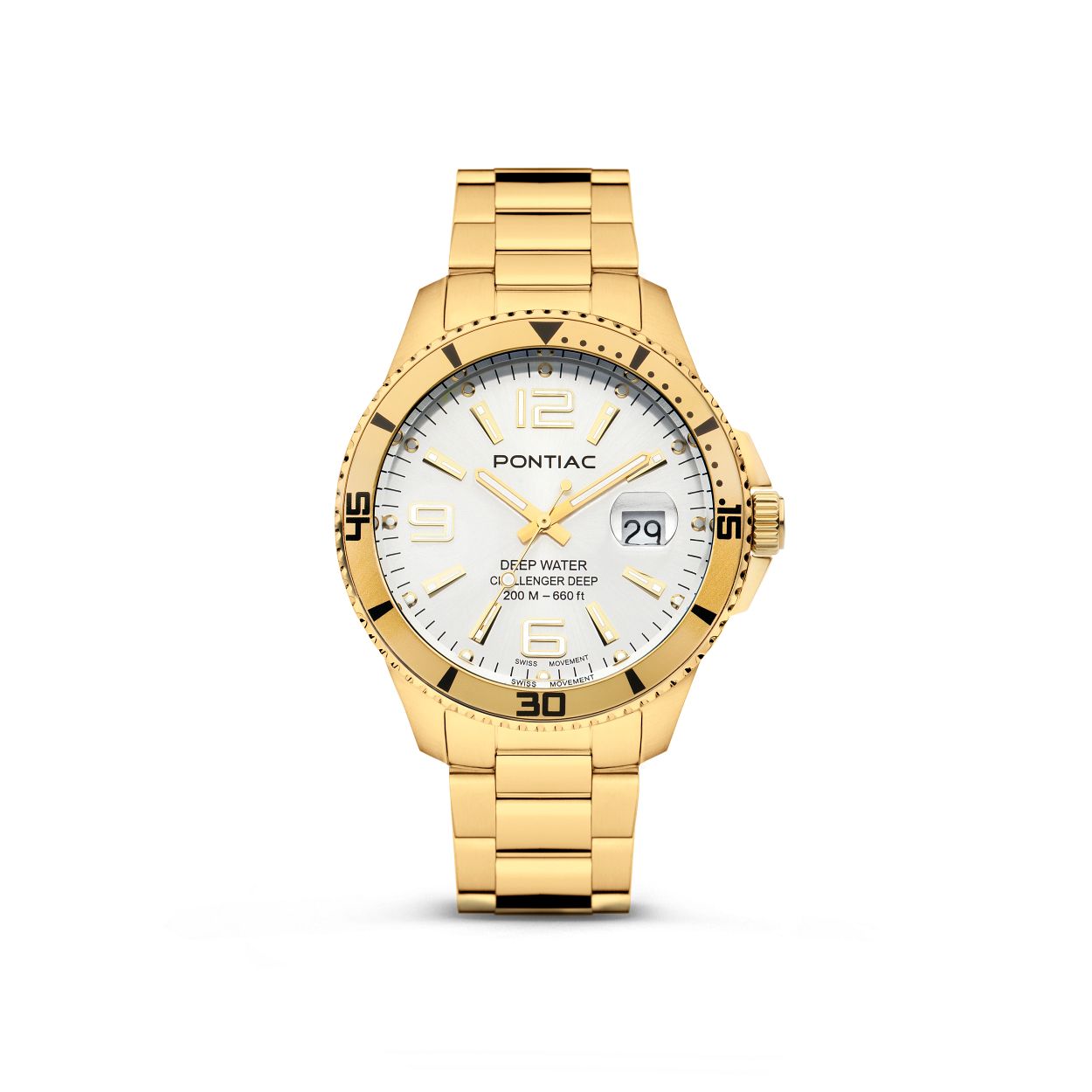 Dit herenhorloge is van het merk Pontiac. Het is een horloge gemaakt van edelstaal. De diameter van de kast is43 mm.
De verdere specificaties van het horloge zijn als volgt:
Glassoort: saffier kristal
Kastmateriaal: edelstaal
Waterdichtheid: 20 ATM
Techniek: quartz
Kastvorm: Rond
Kastkleur: Goud
Bandmateriaal: Edelstaal
Bandkleur: Goud
Wijzerplaatkleur: Wit
