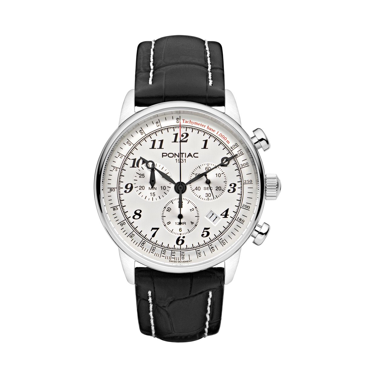 Dit herenhorloge is van het merk Pontiac. Het is een horloge gemaakt van edelstaal. De diameter van de kast is42 mm.
De verdere specificaties van het horloge zijn als volgt:
Glassoort: saffier kristal
Kastmateriaal: edelstaal
Waterdichtheid: 5 ATM
Techniek: quartz
Kastvorm: Rond
Kastkleur: Zilver
Bandmateriaal: Leer
Bandkleur: Zwart
Wijzerplaatkleur: Wit