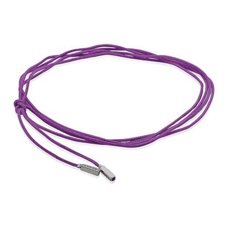 Paars koord, van het merk Pandora, met uiteinden gemaakt van 925 Sterling zilver. Dit koord is geschikt om de bedels, clips en stoppers van Pandora aan te bevestigen. 100 cm
