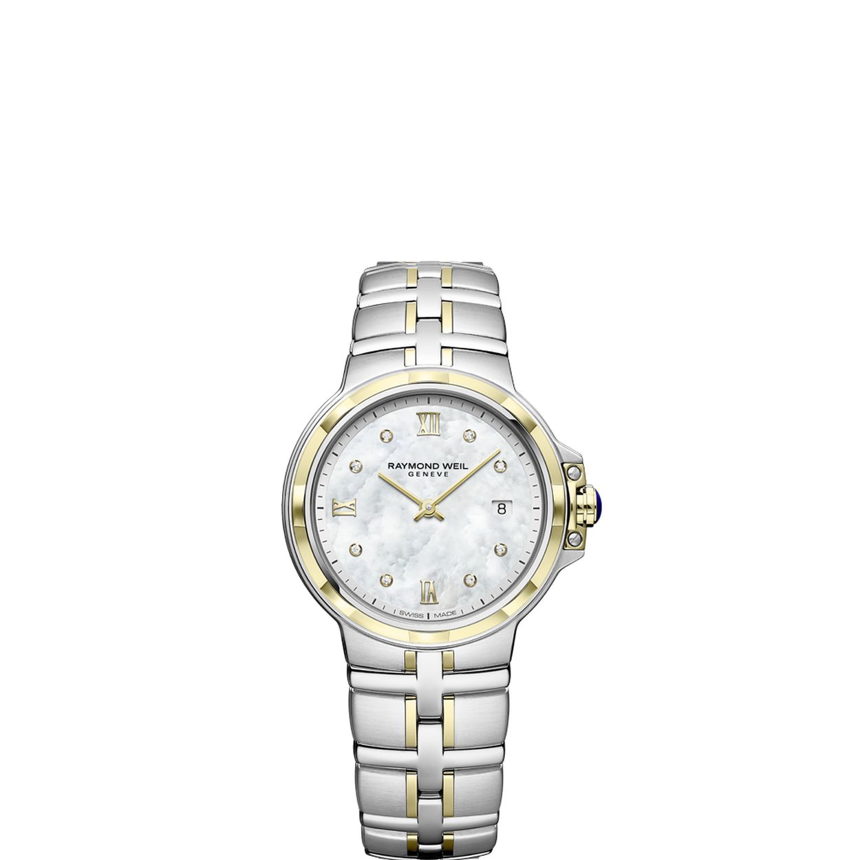 Raymond Weil Parsifal dameshorloge met wit parelmoer wijzerplaat met Romeinse cijfers, bezet met 8 diamanten op de wijzerplaat, 30 mm