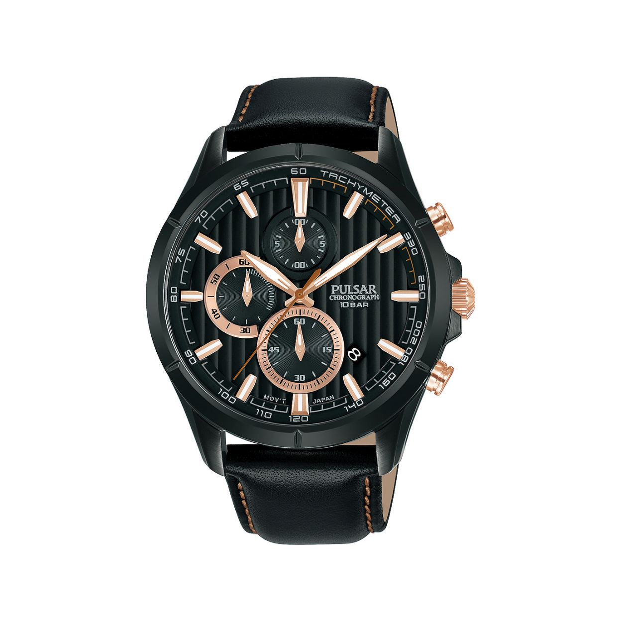 DIT IS EEN PULSAR HEREN CHRONO HC LEER ZWART 100M WR HORLOGE. DIT HORLOGE HEEFT LICHTGEVENDE WIJZERS EN EEN LICHTGEVENDE INDEX. DAARNAAST HEEFT DIT HORLOGE EEN DATUMAANDUIDING.