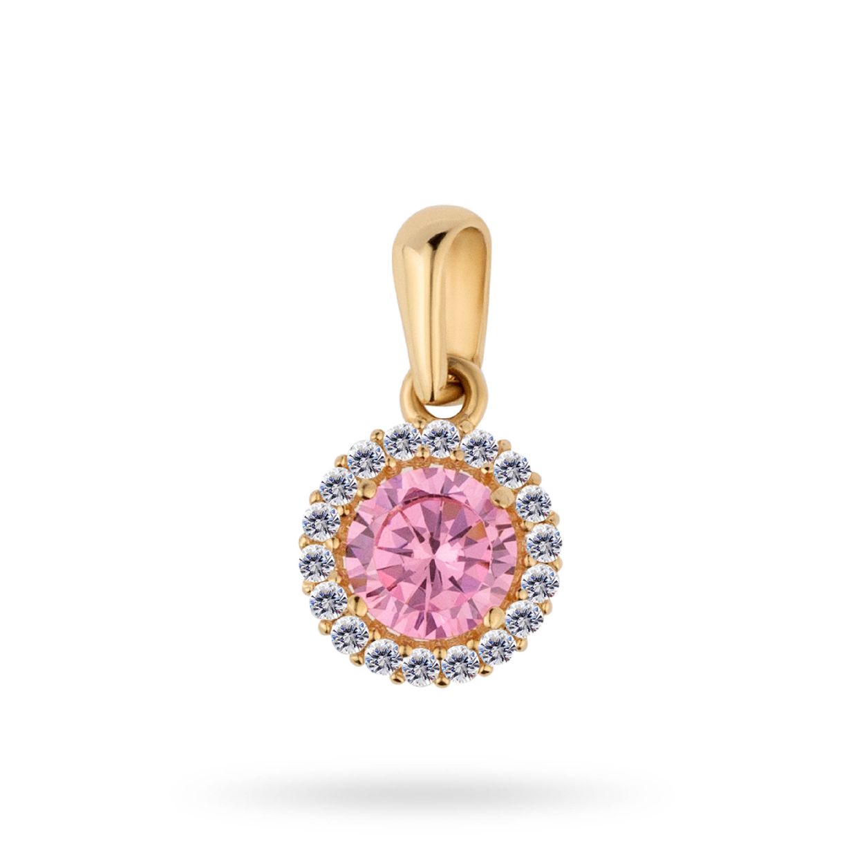 Deze hanger is van het merk Swing Jewels. Het is een damessieraad gemaakt van goud, 14 karaat, (legering: 0.585). De hanger is geelgoud van kleur gezet met een roze en witte zirkonia's .