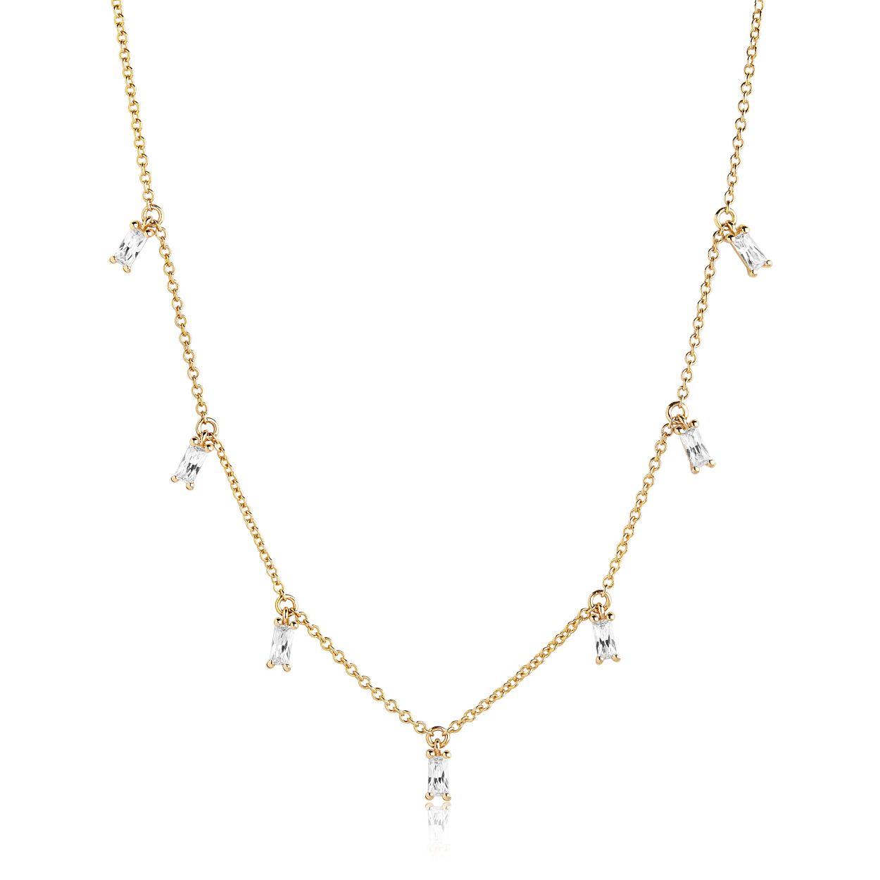 Sif Jakobs collier uit de Princess baguette collectie - zilveren ketting verguld met 18 kt, met 7 baguette geslepen zirkonium steentjes - Lengte ketting: 38 cm + 5 cm